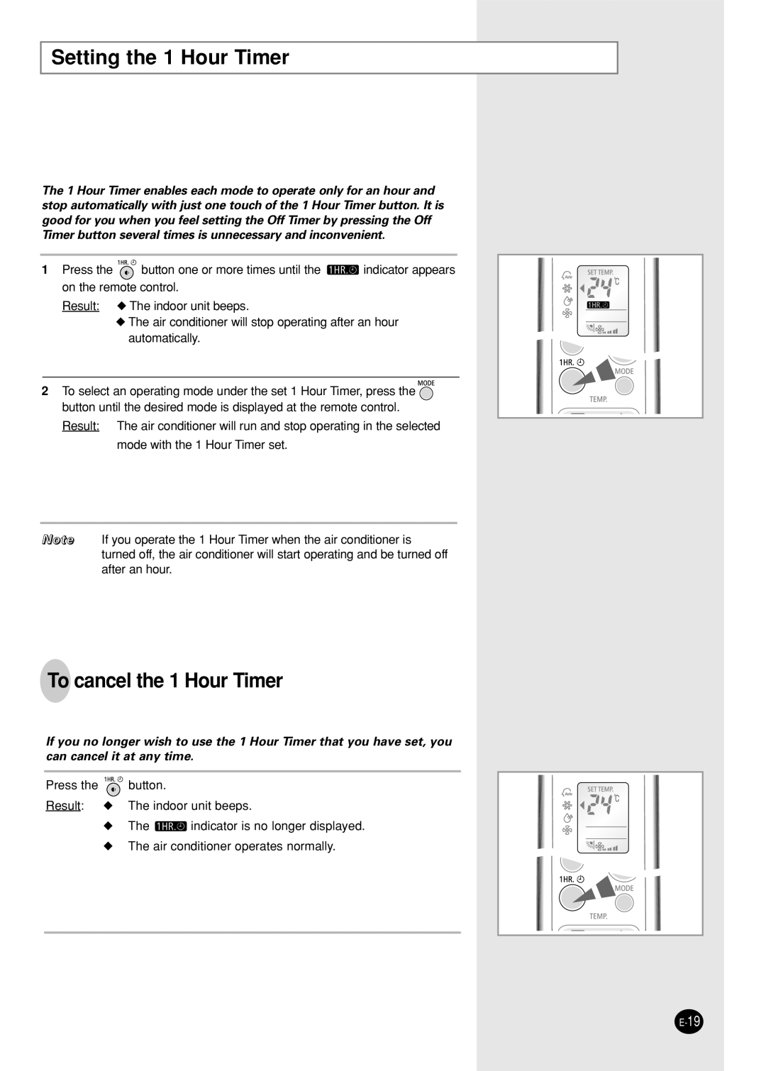 Samsung AST12WHWE/MID, IAS12WHWE/AFR, AST12WHWE/XSG manual Setting the 1 Hour Timer, To cancel the 1 Hour Timer 