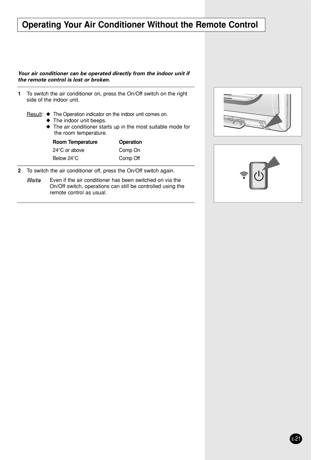 Samsung IAS12WHWE/AFR, AST12WHWE/XSG manual Operating Your Air Conditioner Without the Remote Control, Room Temperature 