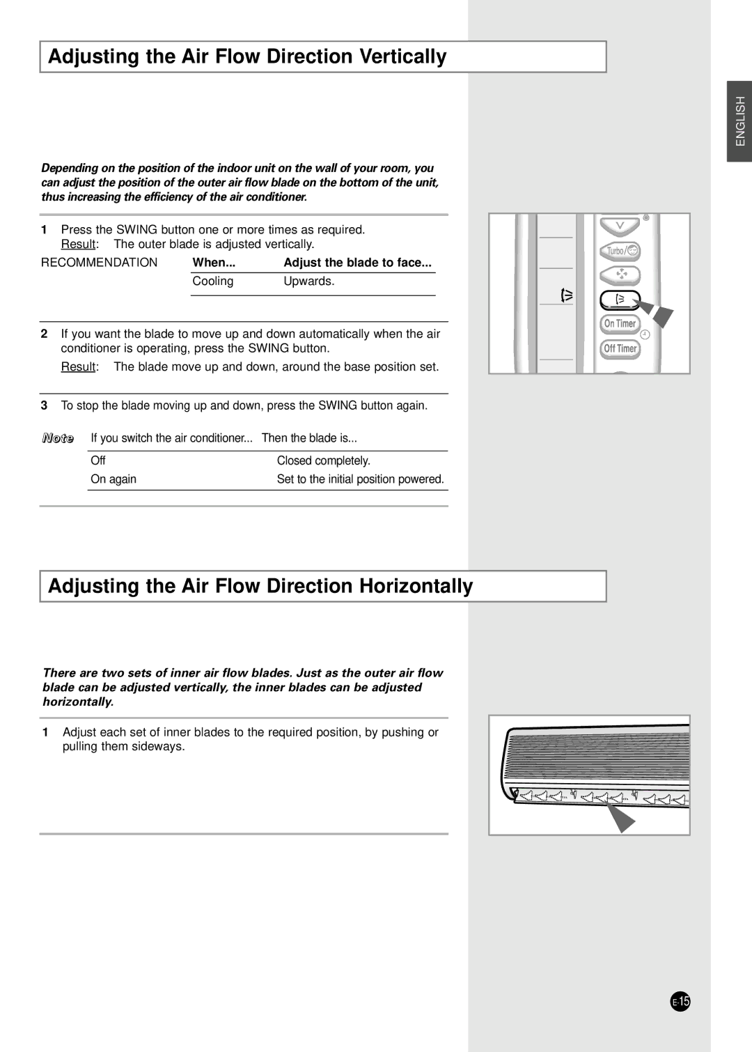 Samsung AST18B1, AS18B1, AST24B1 Adjusting the Air Flow Direction Vertically, Adjusting the Air Flow Direction Horizontally 