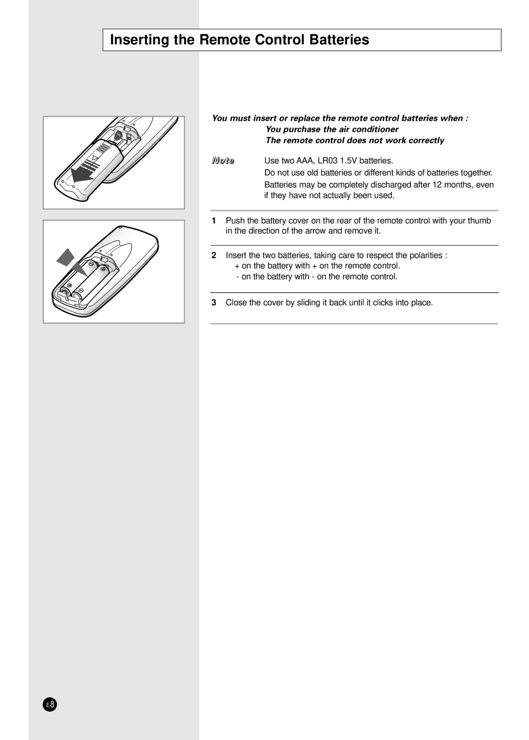 Samsung AST18B1, AS18B1, AST24B1, AS12B1, SC24TB1, SC18TB1, SC18ZB1 manuel dutilisation Inserting the Remote Control Batteries 