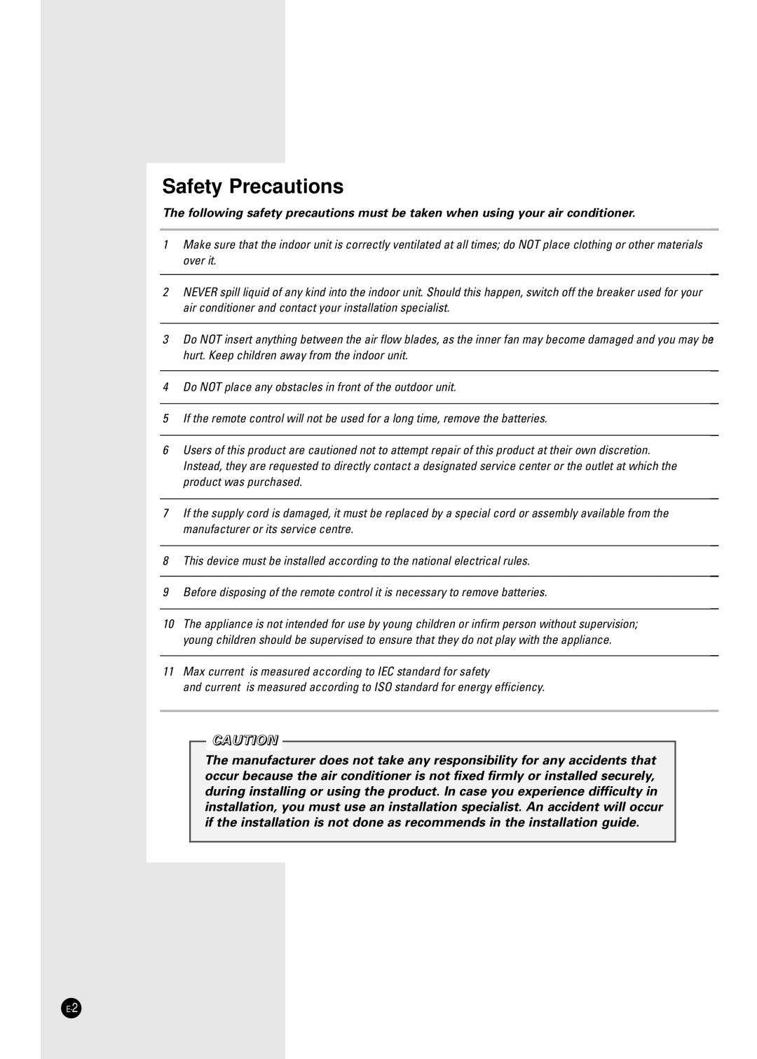 Samsung AST24B1, AS18B1, AST18B1, AS12B1, SC24TB1, SC18TB1, SC18ZB1 manuel dutilisation Safety Precautions 