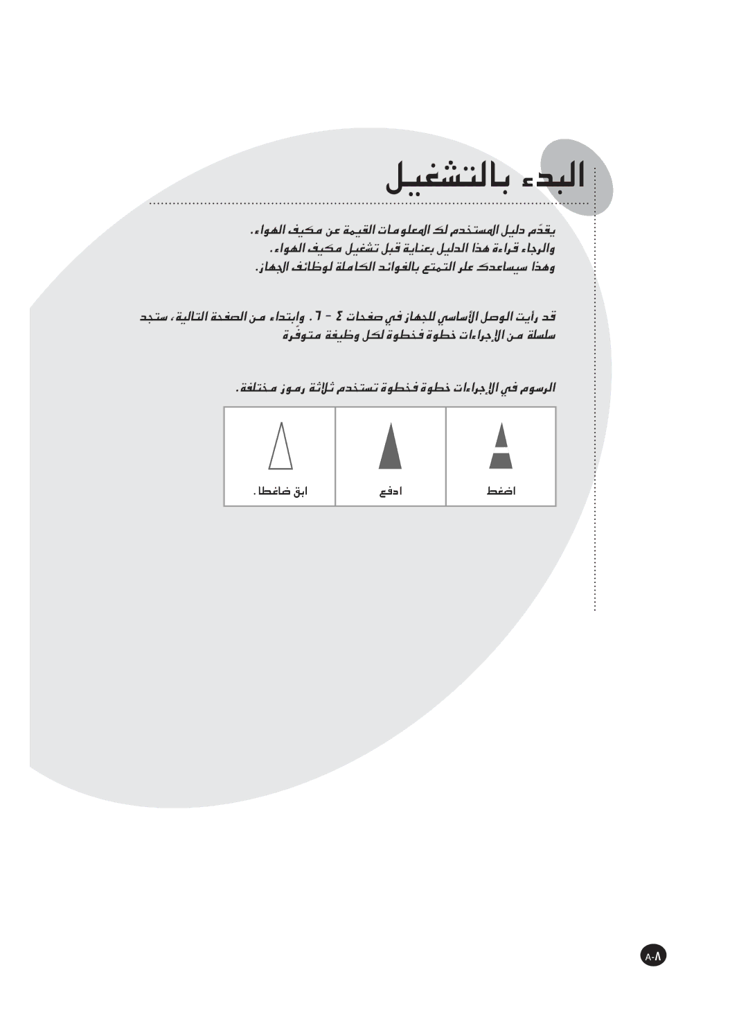 Samsung AS18HM3/XSG, AS18HM3/UMG, AS24HM3/UMG, AS24HM3/XSG manual ﻞﻴﻐﺸﺘﻟﺎﺑ ءﺪﺒﻟا 