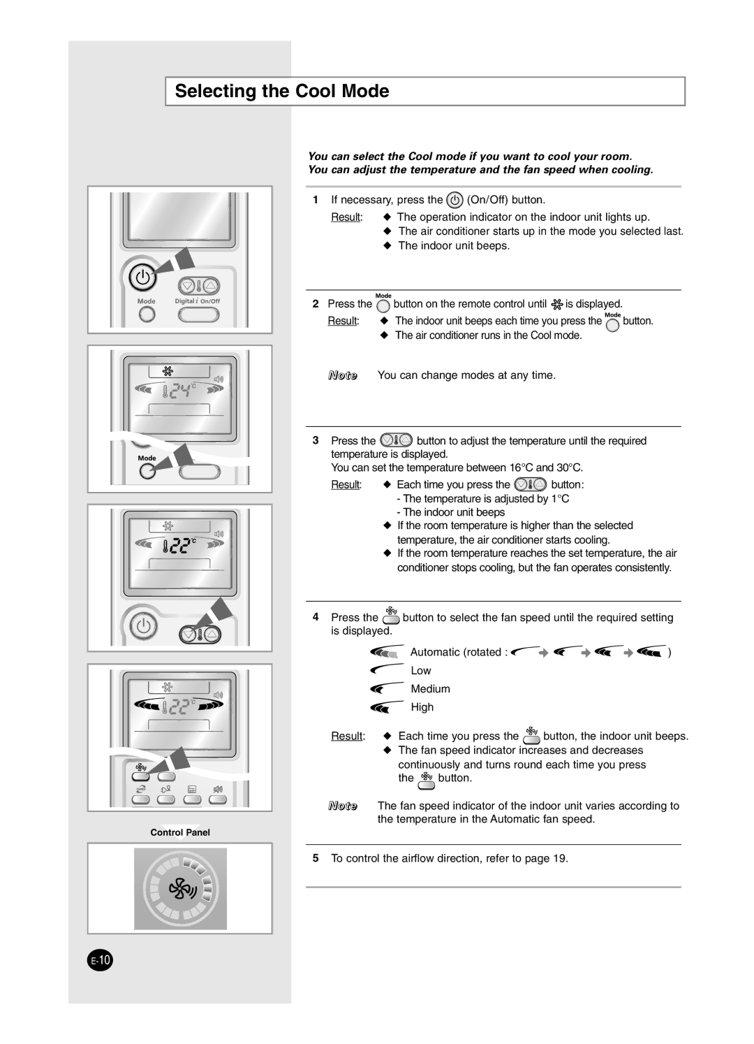 Samsung AS24HM3/UMG, AS18HM3/XSG, AS18HM3/UMG, AS24HM3/XSG manual Selecting the Cool Mode 