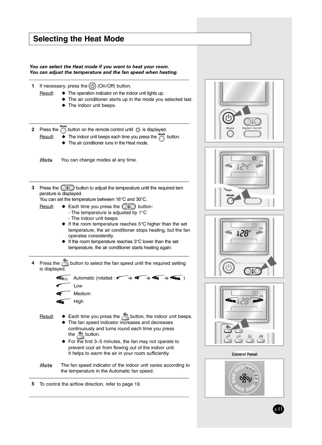 Samsung AS24HM3/XSG, AS18HM3/XSG, AS18HM3/UMG, AS24HM3/UMG manual Selecting the Heat Mode 