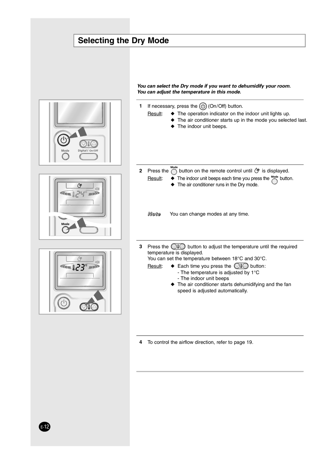 Samsung AS18HM3/XSG, AS18HM3/UMG, AS24HM3/UMG, AS24HM3/XSG manual Selecting the Dry Mode 