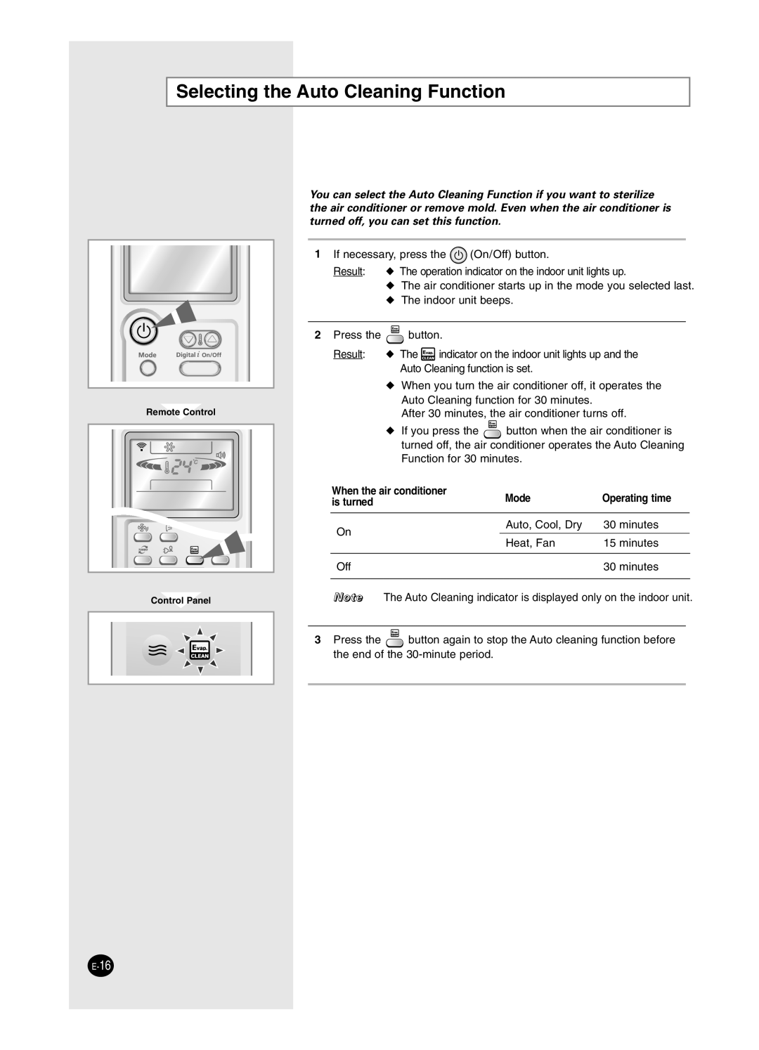 Samsung AS18HM3/XSG manual Selecting the Auto Cleaning Function, When the air conditioner Mode Operating time Is turned 