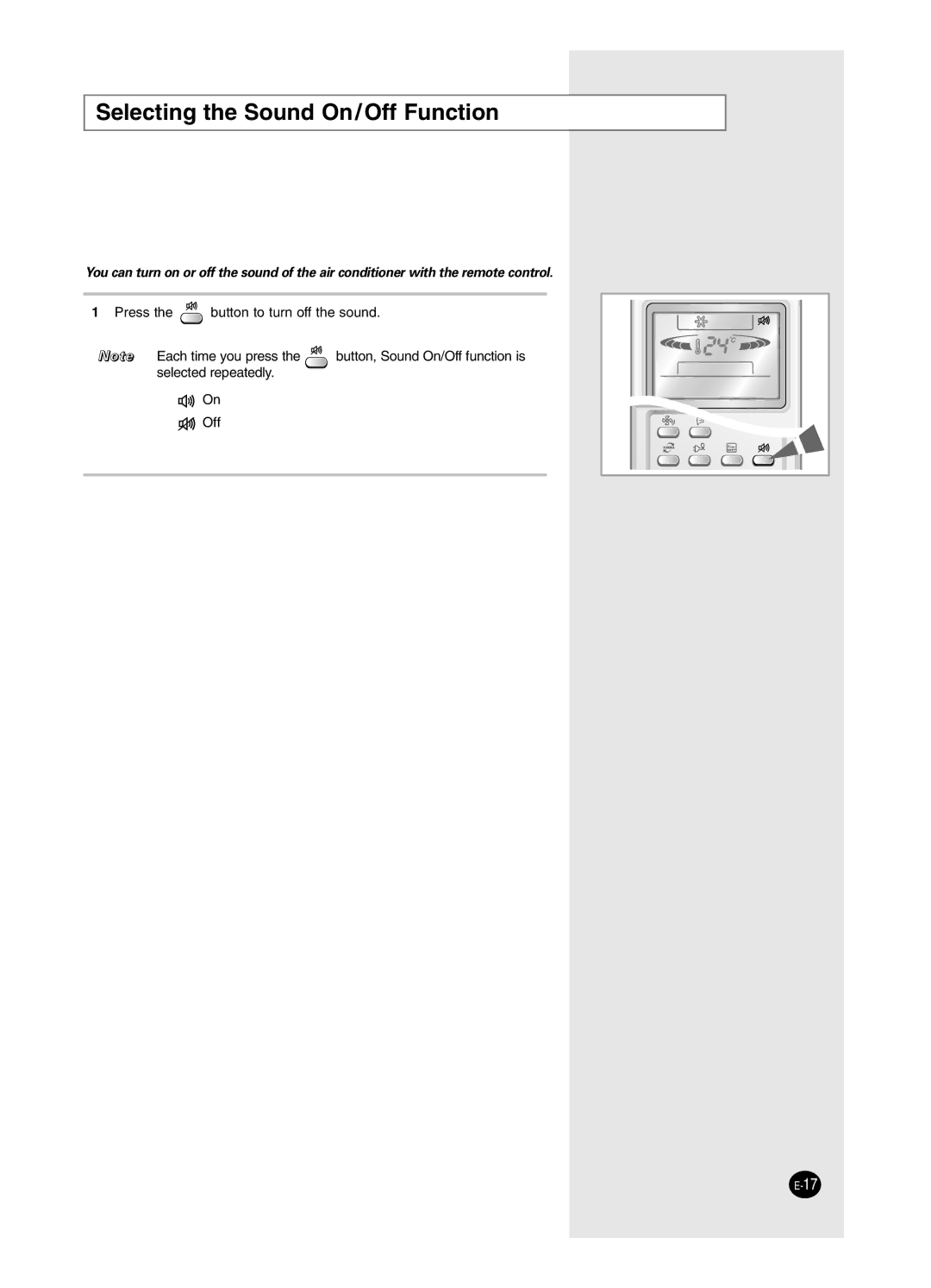 Samsung AS18HM3/UMG, AS18HM3/XSG, AS24HM3/UMG, AS24HM3/XSG manual Selecting the Sound On/Off Function 