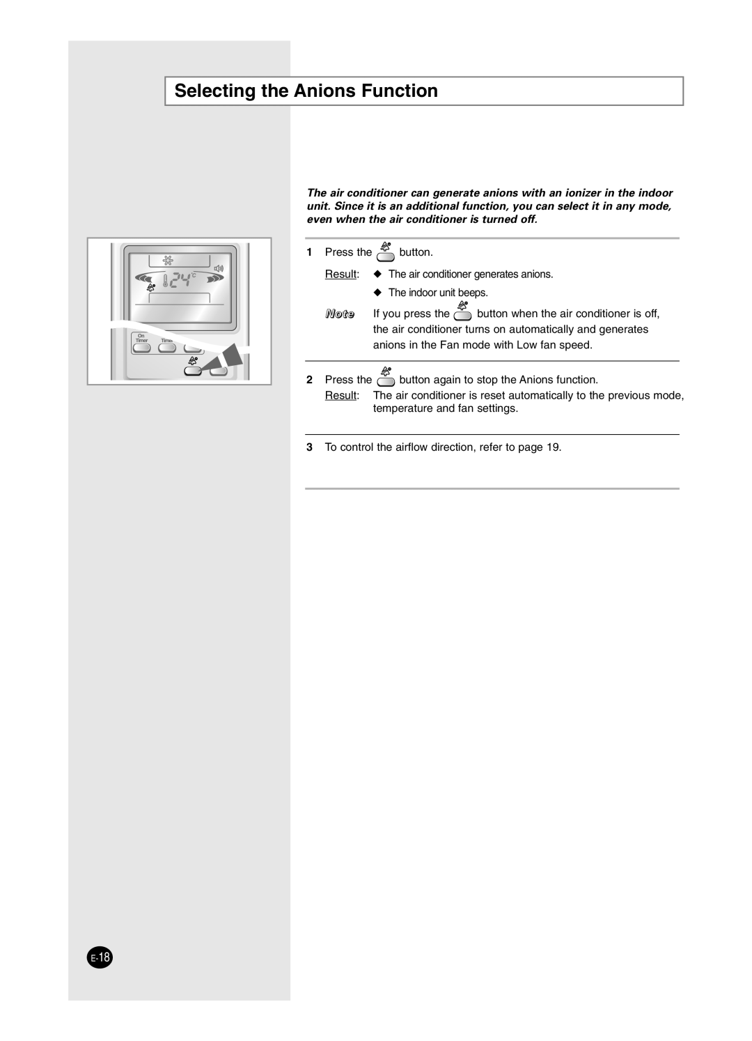 Samsung AS24HM3/UMG, AS18HM3/XSG, AS18HM3/UMG, AS24HM3/XSG manual Selecting the Anions Function 