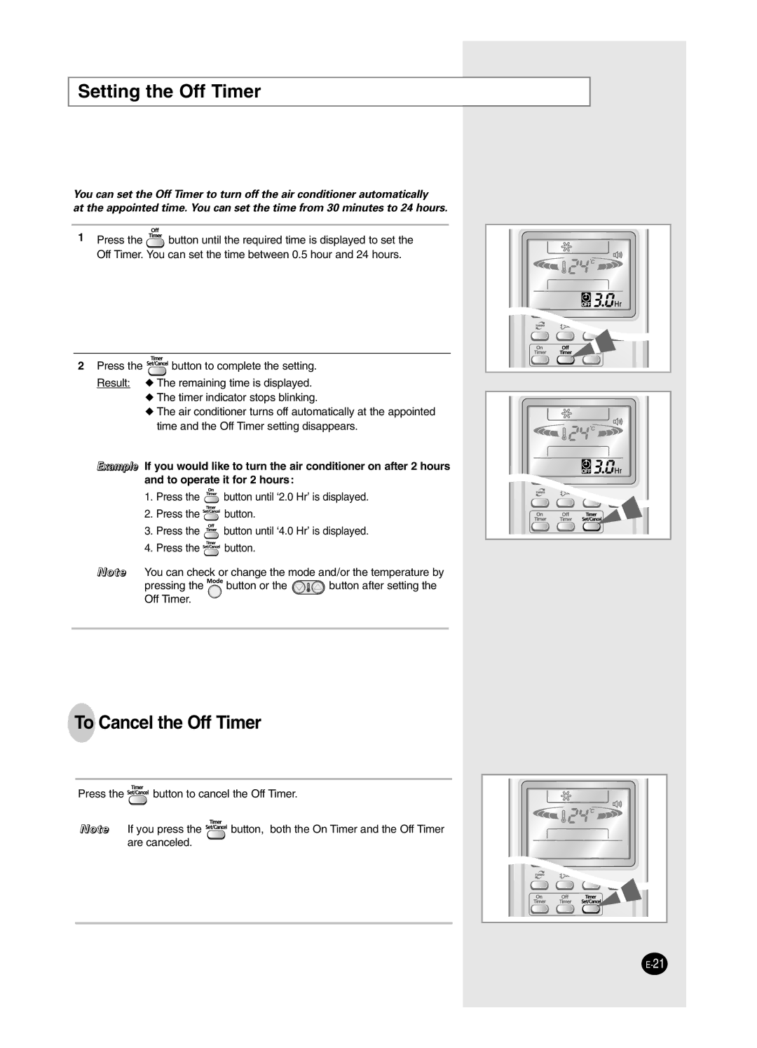 Samsung AS18HM3/UMG, AS18HM3/XSG, AS24HM3/UMG, AS24HM3/XSG manual Setting the Off Timer, To Cancel the Off Timer 