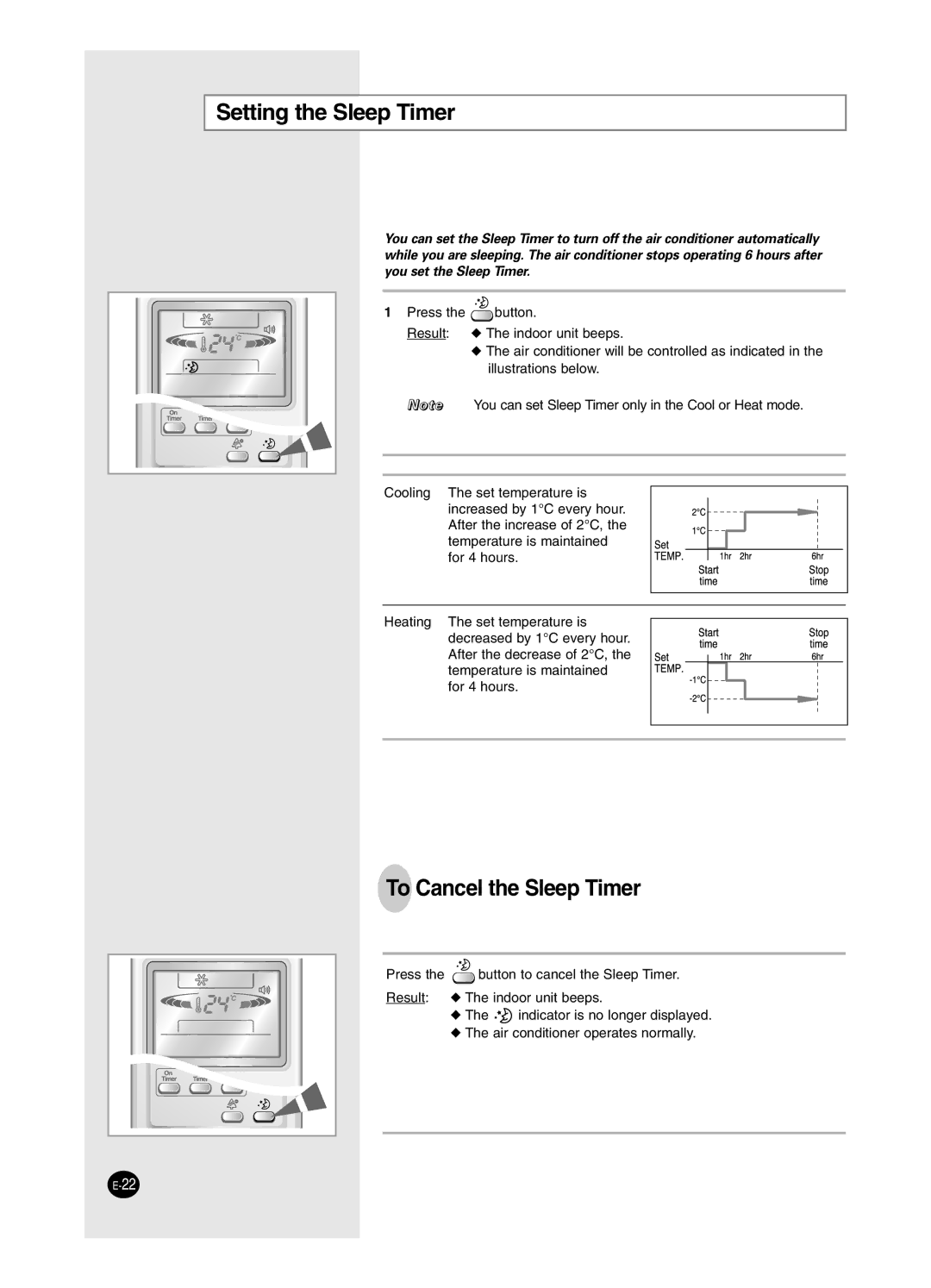 Samsung AS24HM3/UMG, AS18HM3/XSG, AS18HM3/UMG, AS24HM3/XSG manual Setting the Sleep Timer, To Cancel the Sleep Timer 