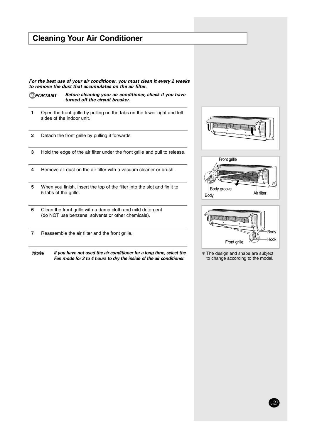 Samsung AS24HM3/XSG, AS18HM3/XSG, AS18HM3/UMG, AS24HM3/UMG Cleaning Your Air Conditioner, Turned off the circuit breaker 