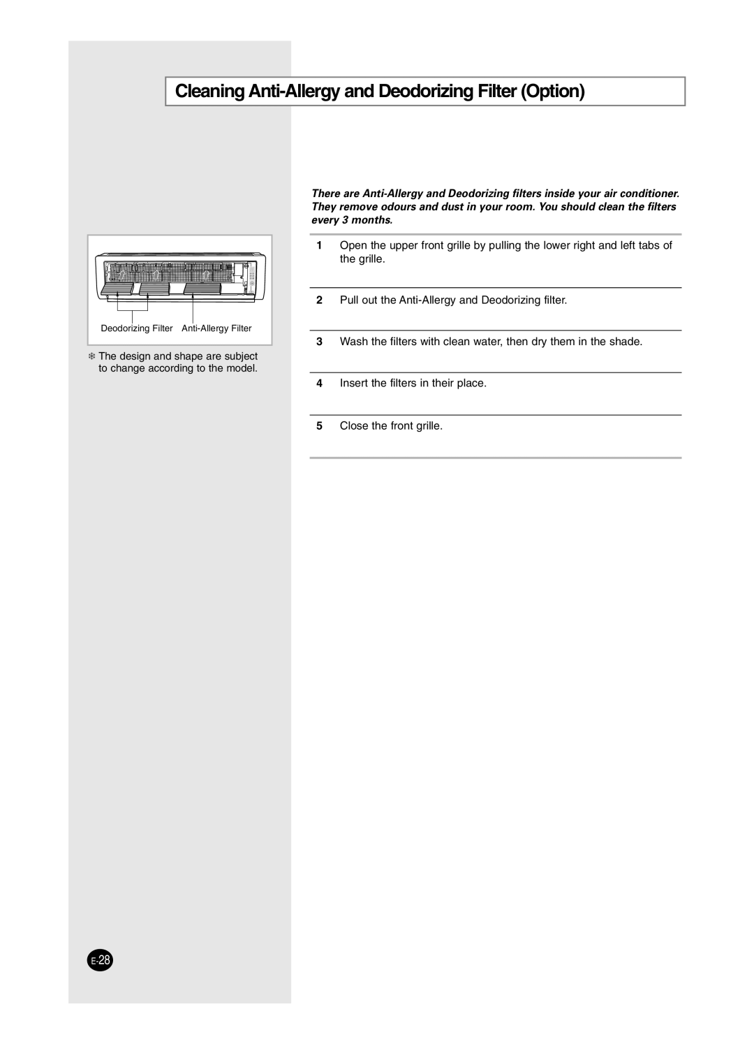 Samsung AS18HM3/XSG, AS18HM3/UMG, AS24HM3/UMG, AS24HM3/XSG manual Cleaning Anti-Allergy and Deodorizing Filter Option 