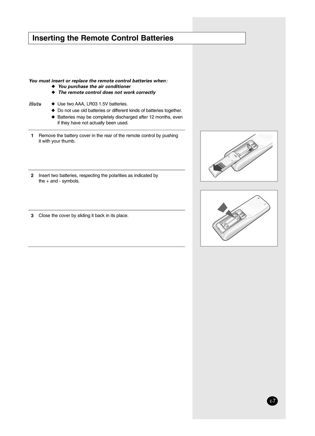 Samsung AS24HM3/XSG, AS18HM3/XSG, AS18HM3/UMG, AS24HM3/UMG manual Inserting the Remote Control Batteries 