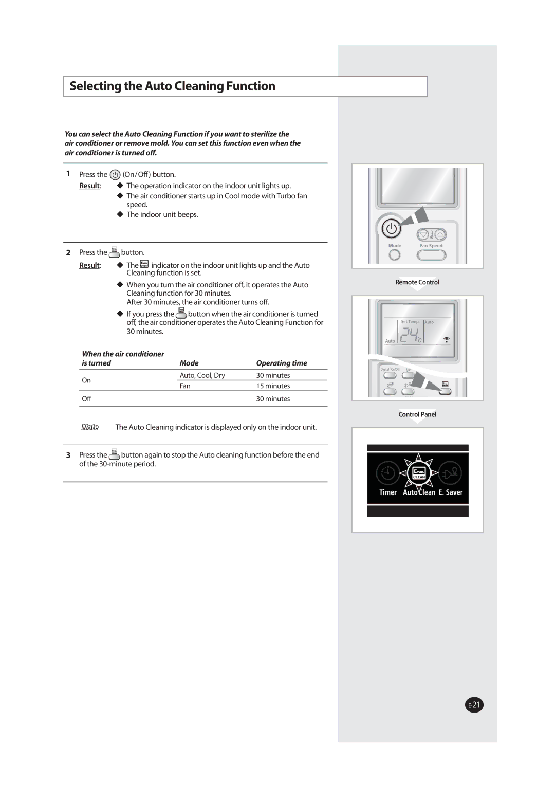 Samsung AS24MWBXXSG manual 4FMFDUJOHUIFVUP$MFBOJOHVODUJPO, BjsDpoejujpofsJtUvsofePgg, JTUVSOFE PEF 0QFSBUJOHUJNF 