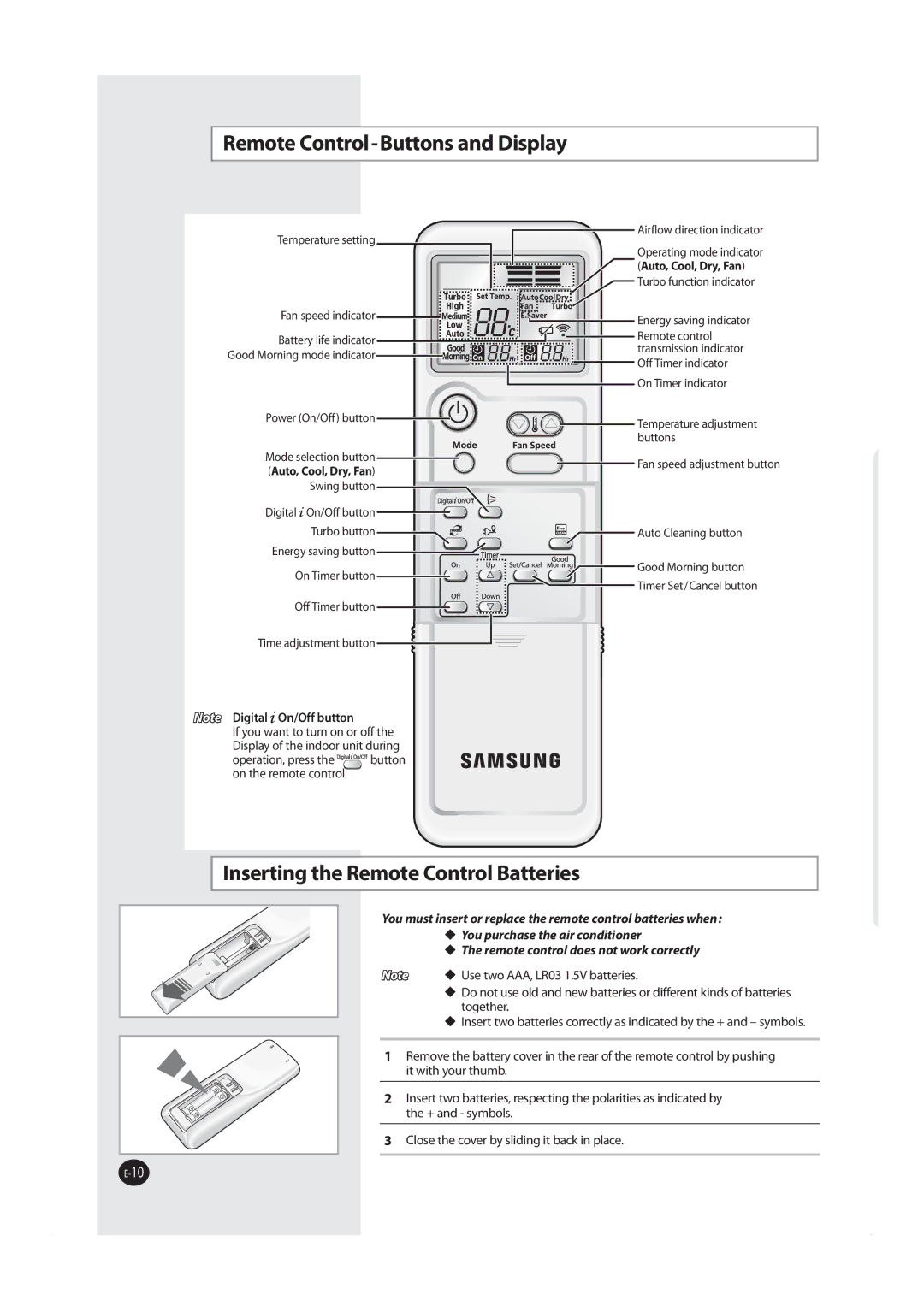 Samsung AS24MWBXSG, AS18MWBUMG 3FNPUF$POUSPM#VUUPOTBOE%JTQMBZ, OTFSUJOHUIF3FNPUF$POUSPM#BUUFSJFT, Vup$Ppm%SzBo 