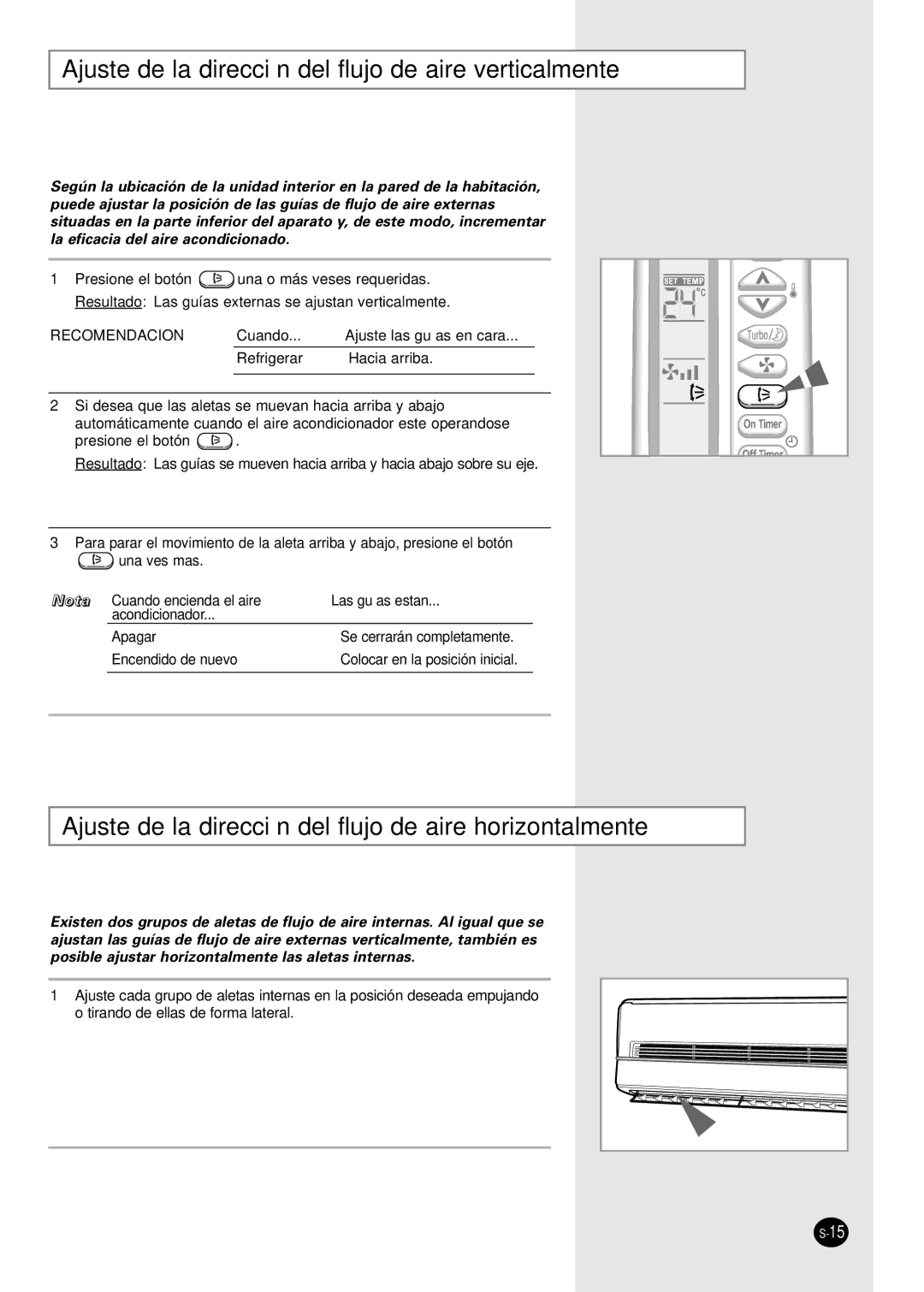 Samsung AS12SGGB, AS18S0GB manual Ajuste de la dirección del flujo de aire verticalmente 