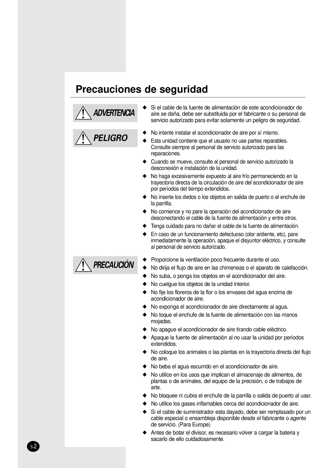 Samsung AS18S0GB, AS12SGGB manual Precauciones de seguridad 