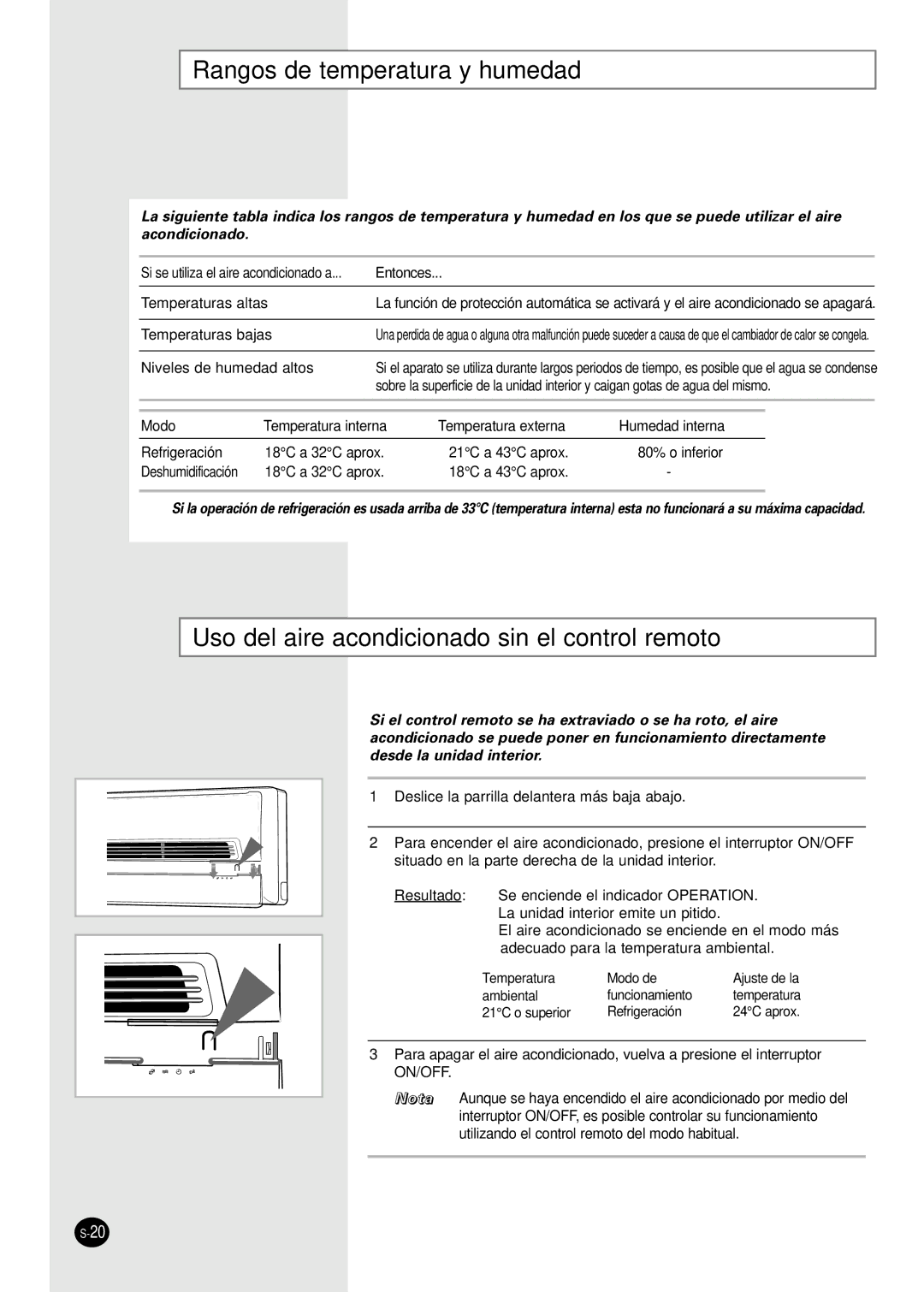 Samsung AS18S0GB, AS12SGGB manual Rangos de temperatura y humedad, Uso del aire acondicionado sin el control remoto 