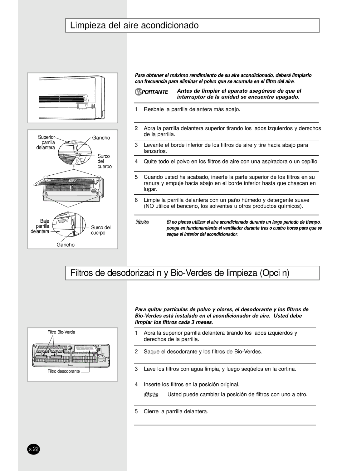 Samsung AS18S0GB, AS12SGGB manual Limpieza del aire acondicionado, Filtros de desodorización y Bio-Verdes de limpieza Opción 