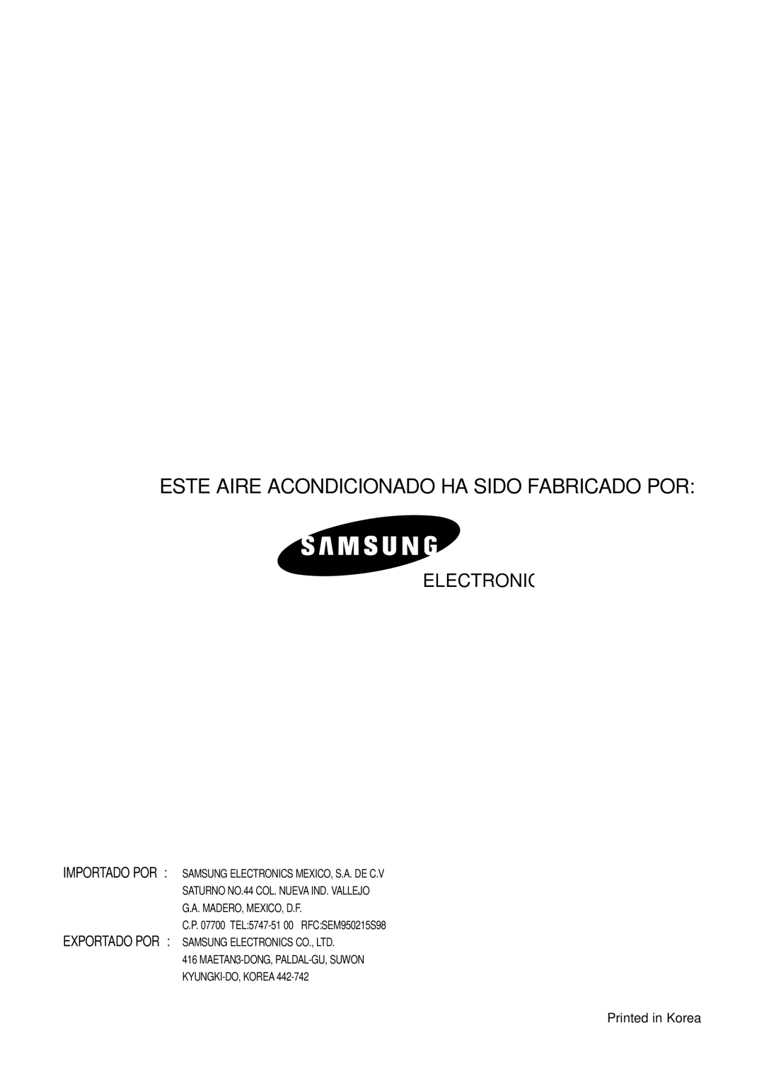 Samsung AS18S0GB, AS12SGGB manual Este Aire Acondicionado HA Sido Fabricado POR 