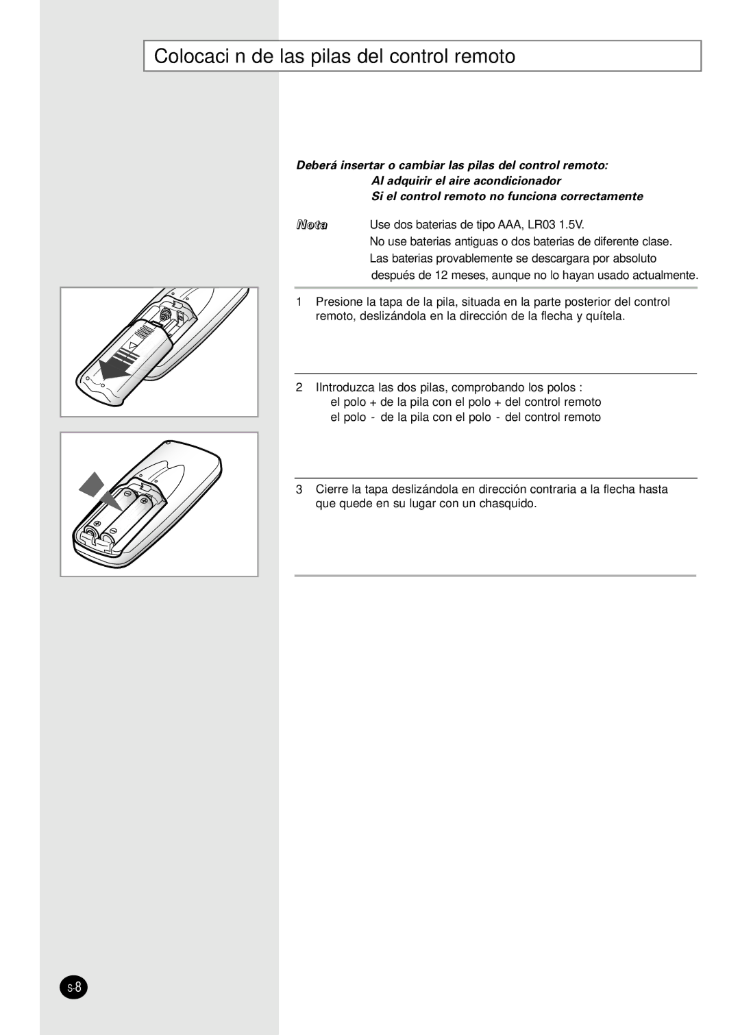 Samsung AS18S0GB, AS12SGGB manual Colocación de las pilas del control remoto 