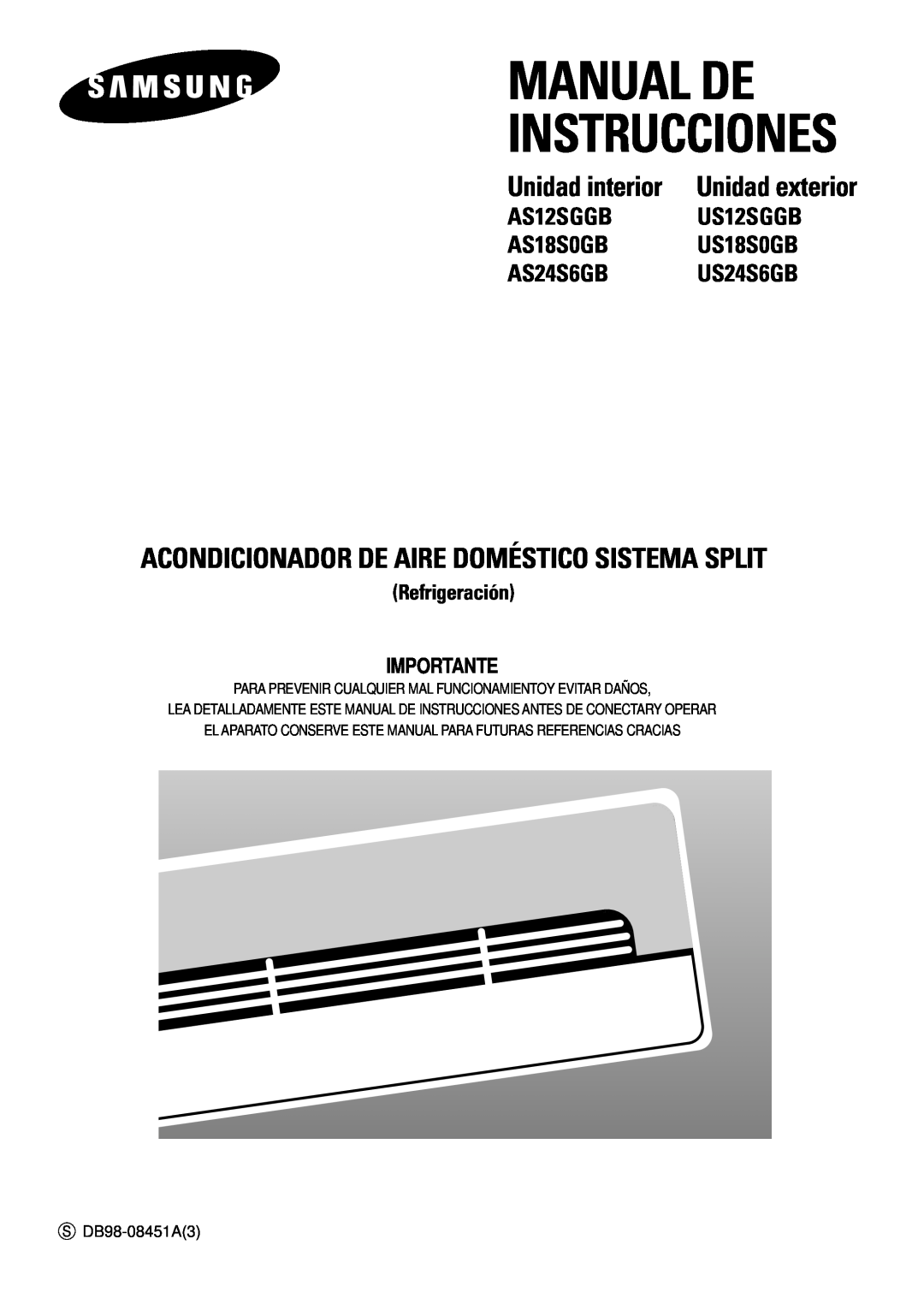Samsung AS12SGGB manual Manual De Instrucciones, Acondicionador De Aire Doméstico Sistema Split, Unidad interior, US12SGGB 
