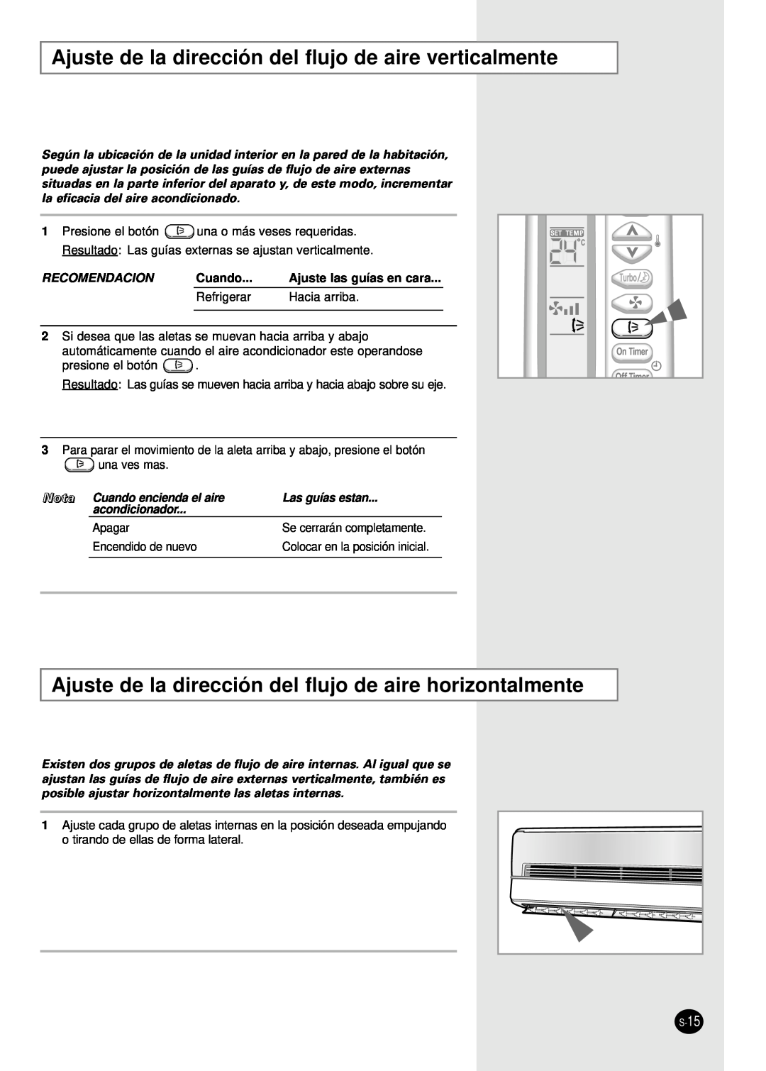 Samsung AS12SGGB manual Recomendacion, Ajuste las guías en cara, Refrigerar, Hacia arriba, Nota Cuando encienda el aire 