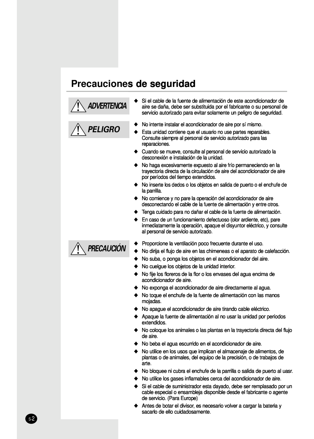 Samsung AS18S0GB, AS12SGGB manual Precauciones de seguridad, Advertencia Peligro Precaución 