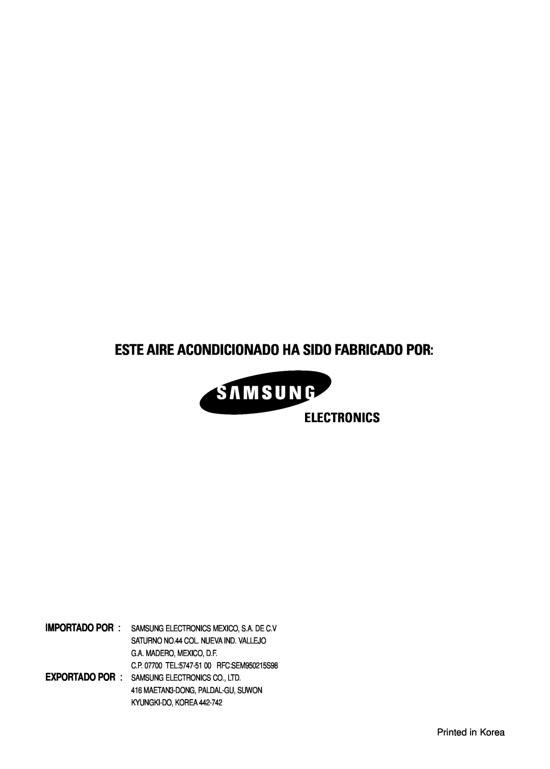 Samsung AS18S0GB, AS12SGGB manual Este Aire Acondicionado Ha Sido Fabricado Por, Electronics 