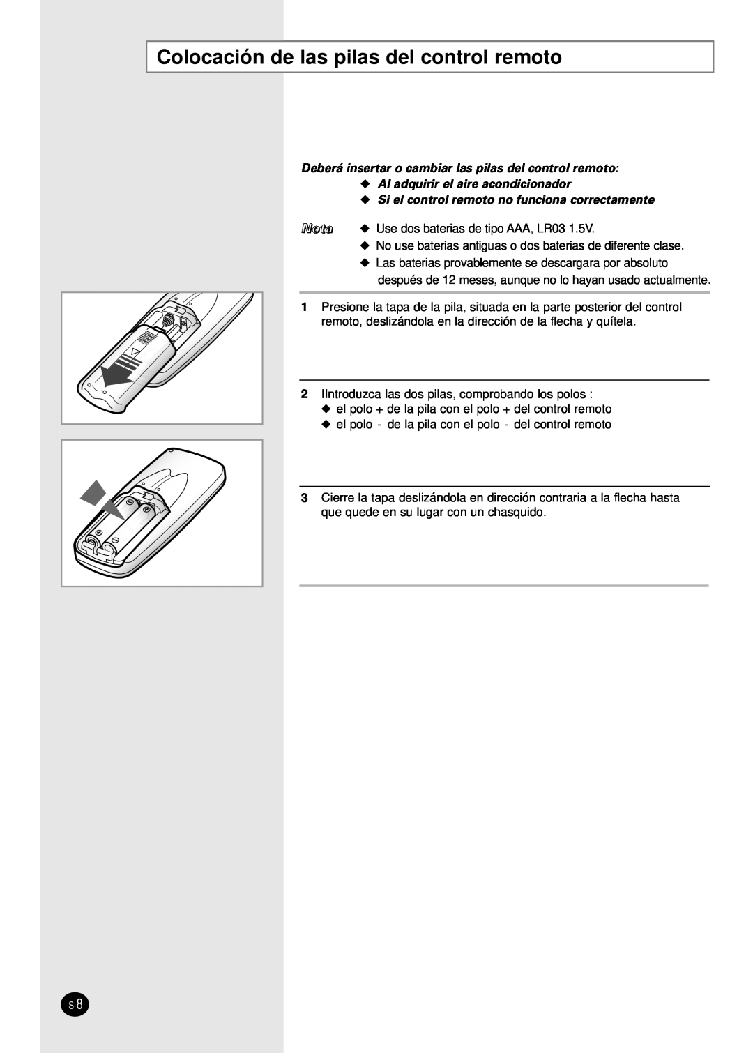 Samsung AS18S0GB, AS12SGGB manual Colocación de las pilas del control remoto, Al adquirir el aire acondicionador 