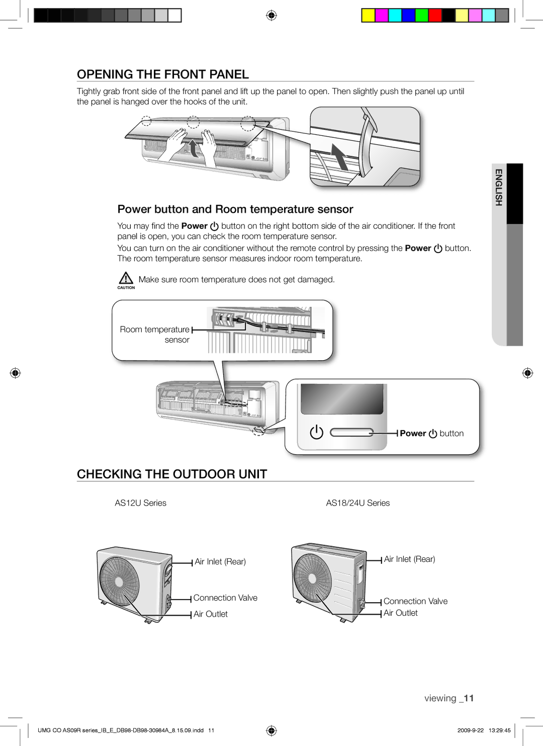 Samsung AS24UUAXXSG manual Opening the Front Panel, Checking the Outdoor Unit, Power button and Room temperature sensor 