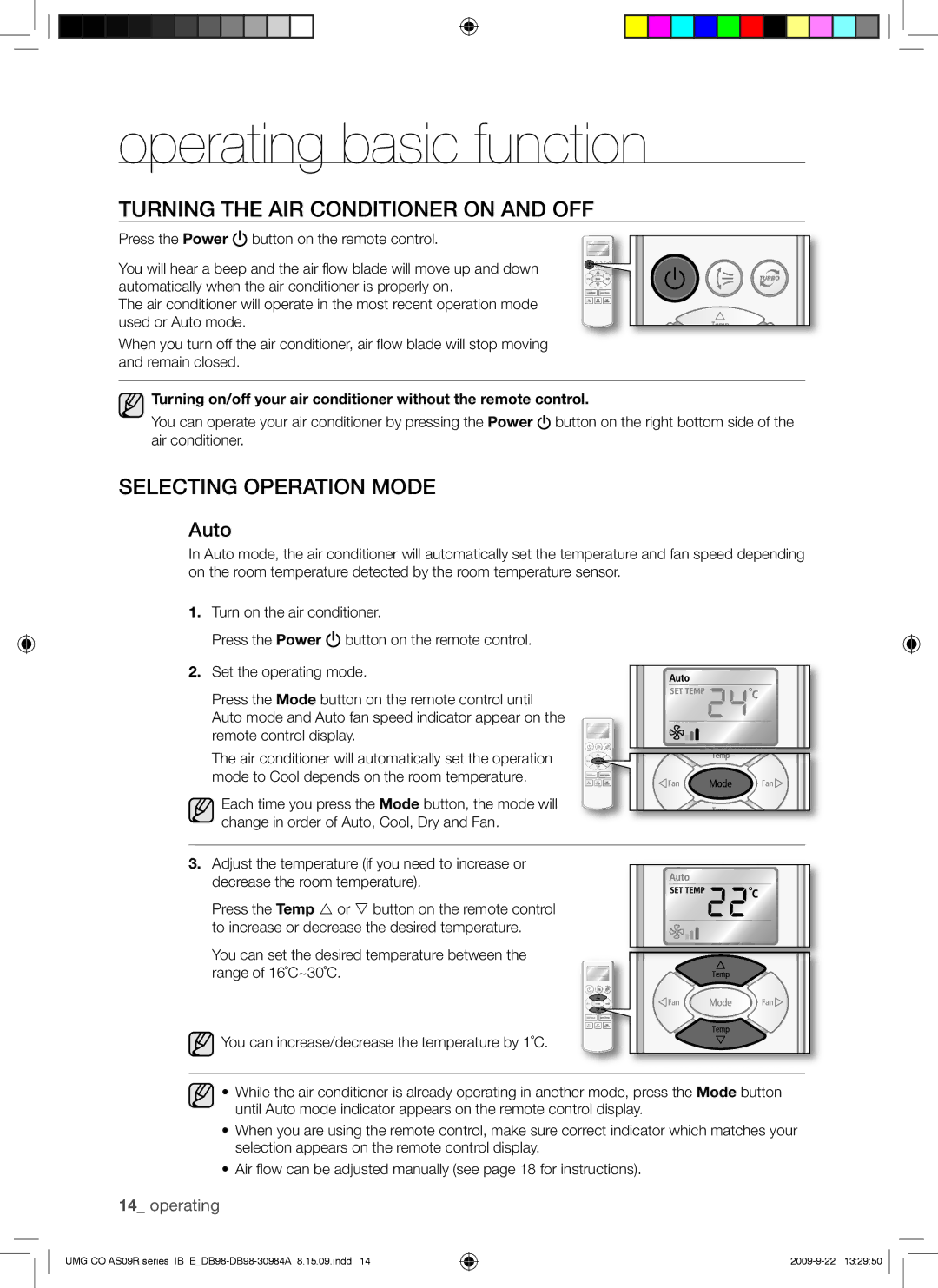 Samsung AS18UUANUMG manual Operating basic function, Turning the AIR Conditioner on and OFF, Selecting Operation Mode, Auto 