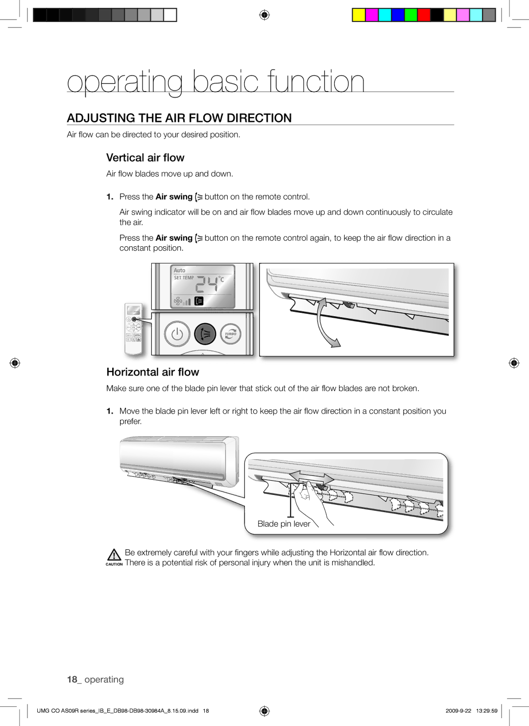 Samsung AS24UUANMID, AS18UUAXXSG, AS18UUANMID manual Adjusting the AIR Flow Direction, Vertical air flow, Horizontal air flow 