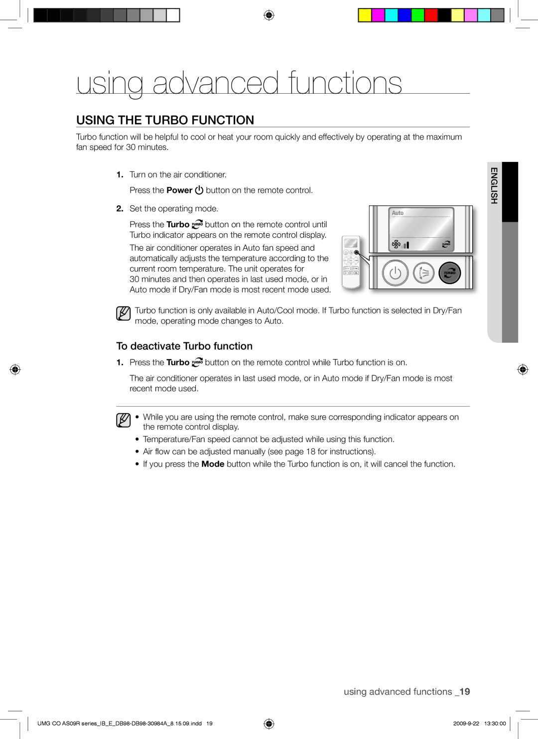 Samsung AS18UUANXSG, AS18UUAXXSG manual Using advanced functions, Using the Turbo Function, To deactivate Turbo function 