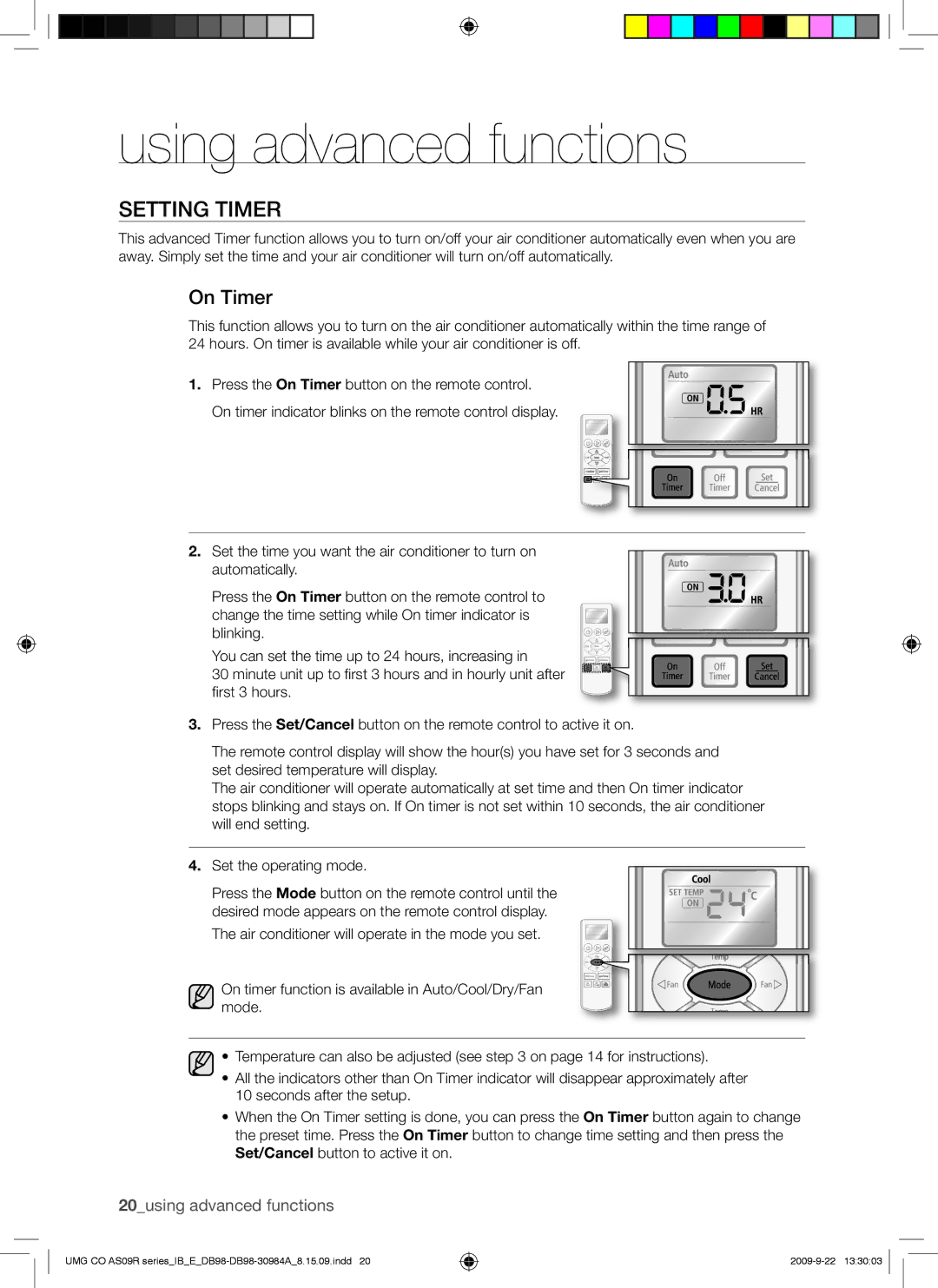 Samsung AS24UUANXSG, AS18UUAXXSG, AS18UUANMID, AS18UUANUMG, AS18UUAXMID, AS24UUANUMG, AS24UUAXUMG manual Setting Timer, On Timer 