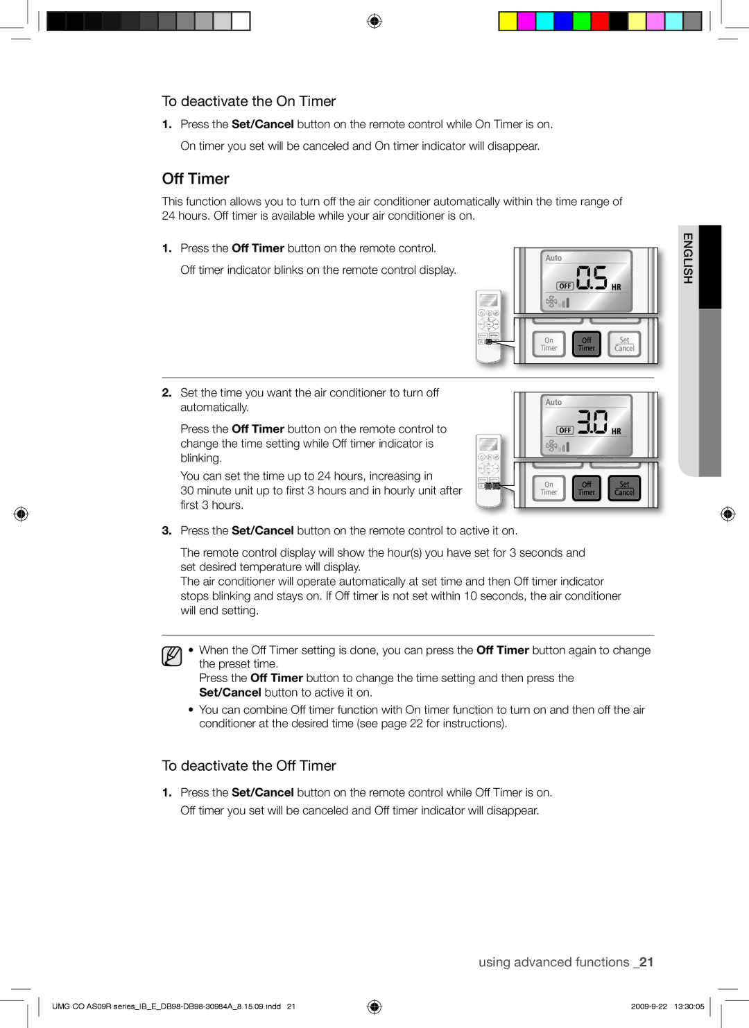 Samsung AS24UUAXMID, AS18UUAXXSG, AS18UUANMID, AS18UUANUMG manual To deactivate the On Timer, To deactivate the Off Timer 