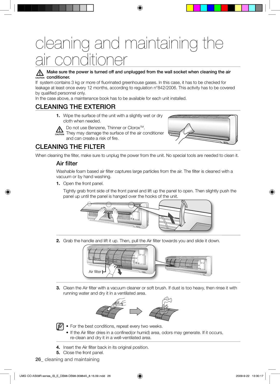 Samsung AS18UUANUMG Cleaning and maintaining the air conditioner, Cleaning the Exterior, Cleaning the Filter, Air filter 