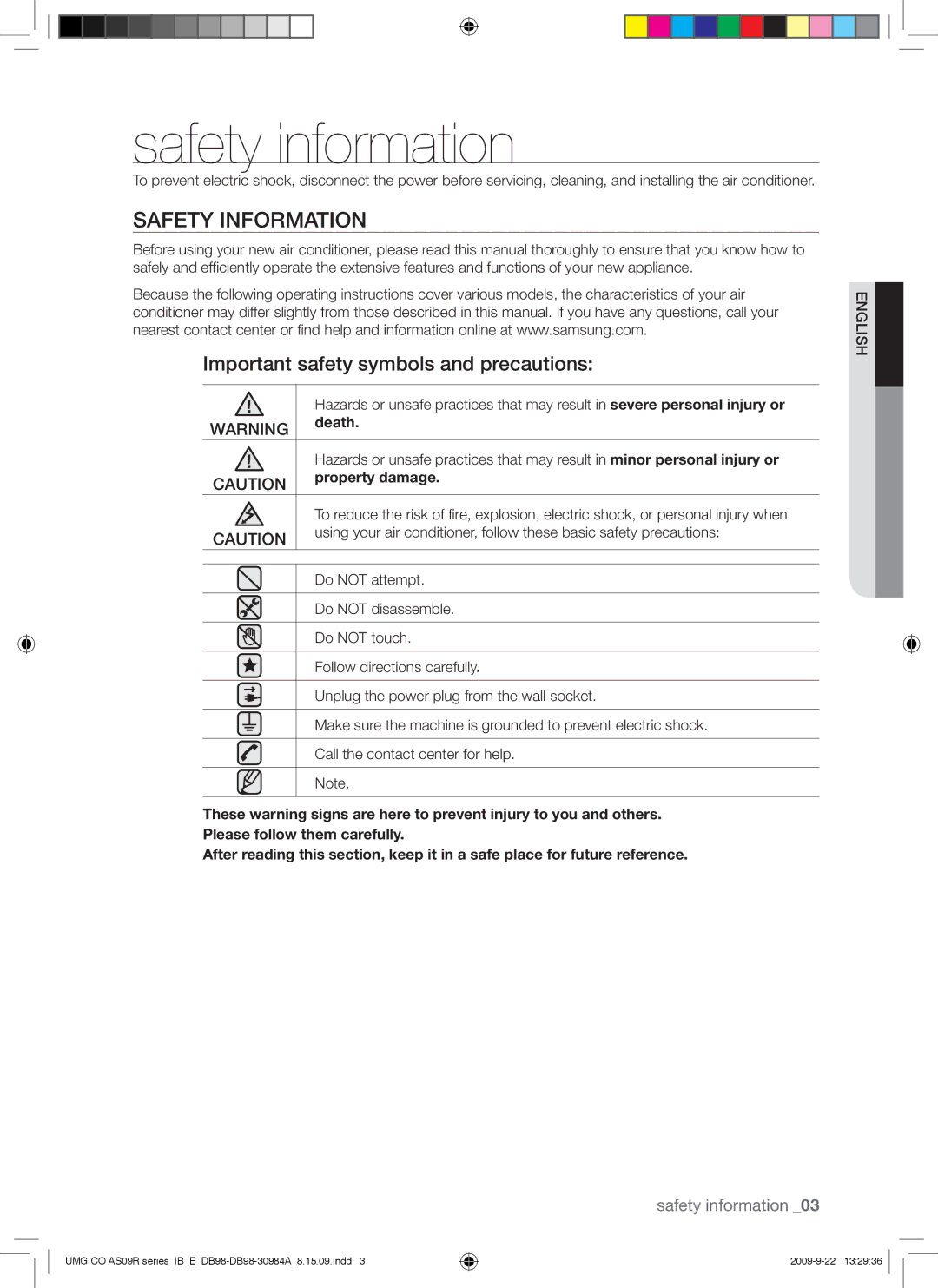 Samsung AS18UUAXMID, AS18UUAXXSG manual Safety information, Safety Information, Important safety symbols and precautions 