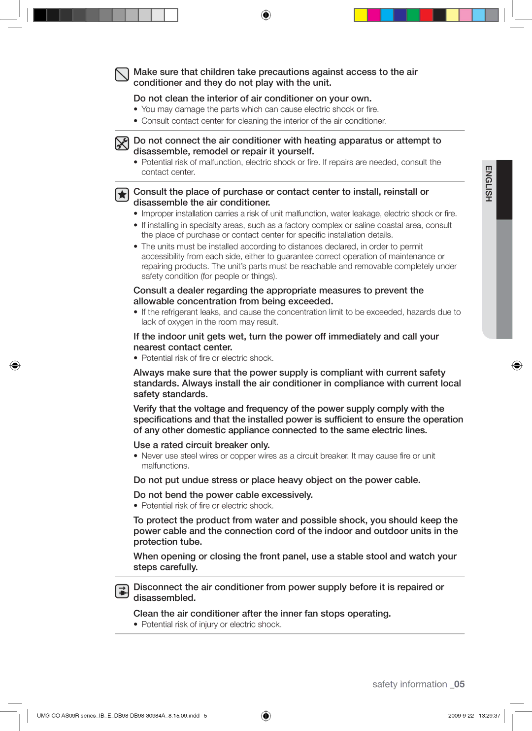 Samsung AS24UUAXUMG, AS18UUAXXSG, AS18UUANMID, AS18UUANUMG, AS18UUAXMID manual Potential risk of injury or electric shock 