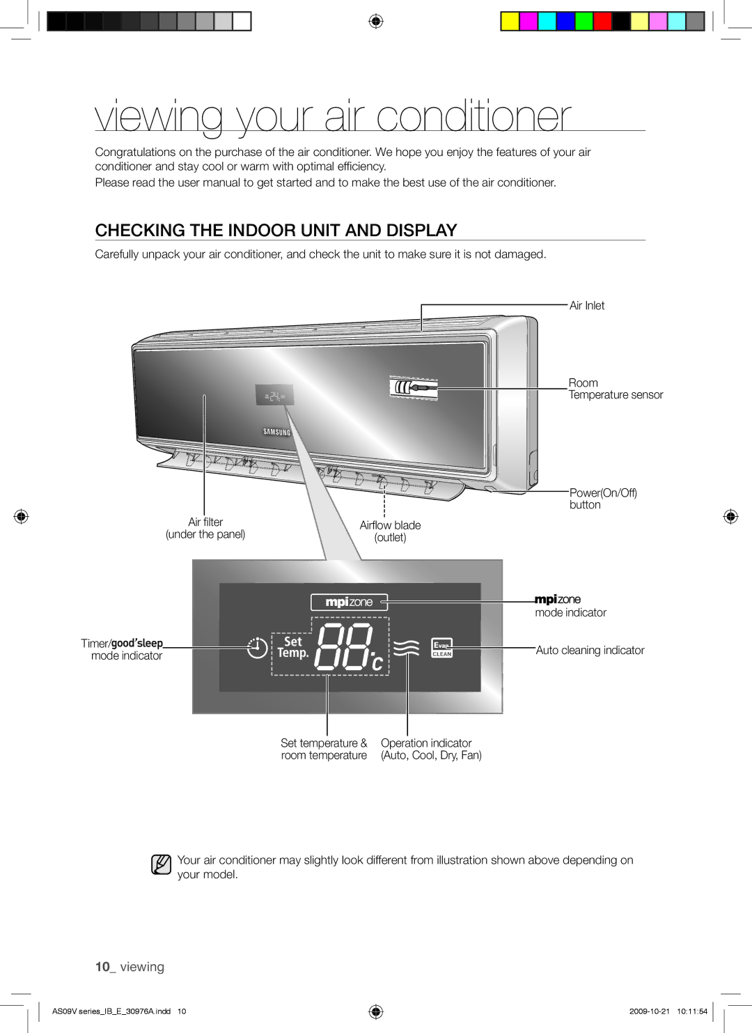 Samsung AS18VBEXXSG, AS18VBEXMID, AS18VBENXSG manual Viewing your air conditioner, Checking the Indoor Unit and Display 