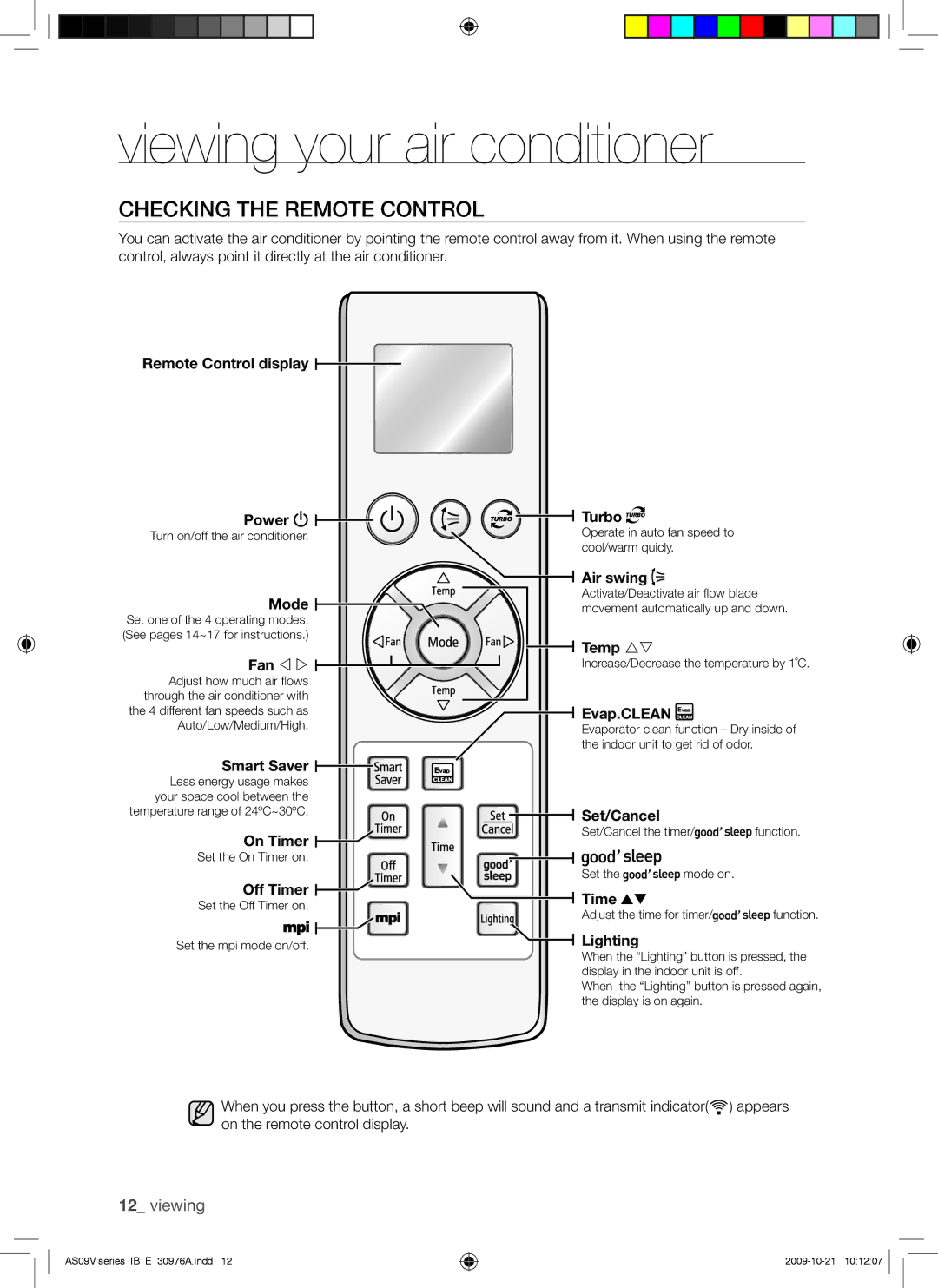 Samsung AS18VBENMID, AS18VBEXMID, AS18VBEXXSG, AS18VBENXSG, AS24VBEXXSG, AS24VBENXSG manual Checking the Remote Control, Fan   