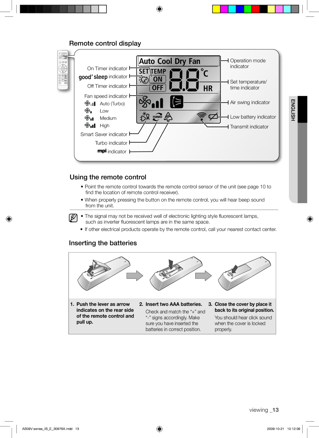 Samsung AS24VBEXXSG, AS18VBEXMID, AS18VBEXXSG Remote control display, Using the remote control, Inserting the batteries 