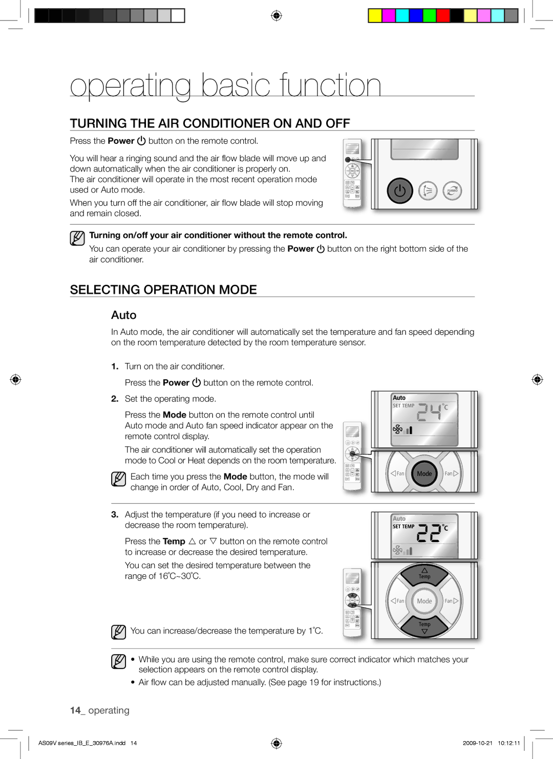 Samsung AS24VBENXSG manual Operating basic function, Turning the AIR Conditioner on and OFF, Selecting Operation Mode, Auto 