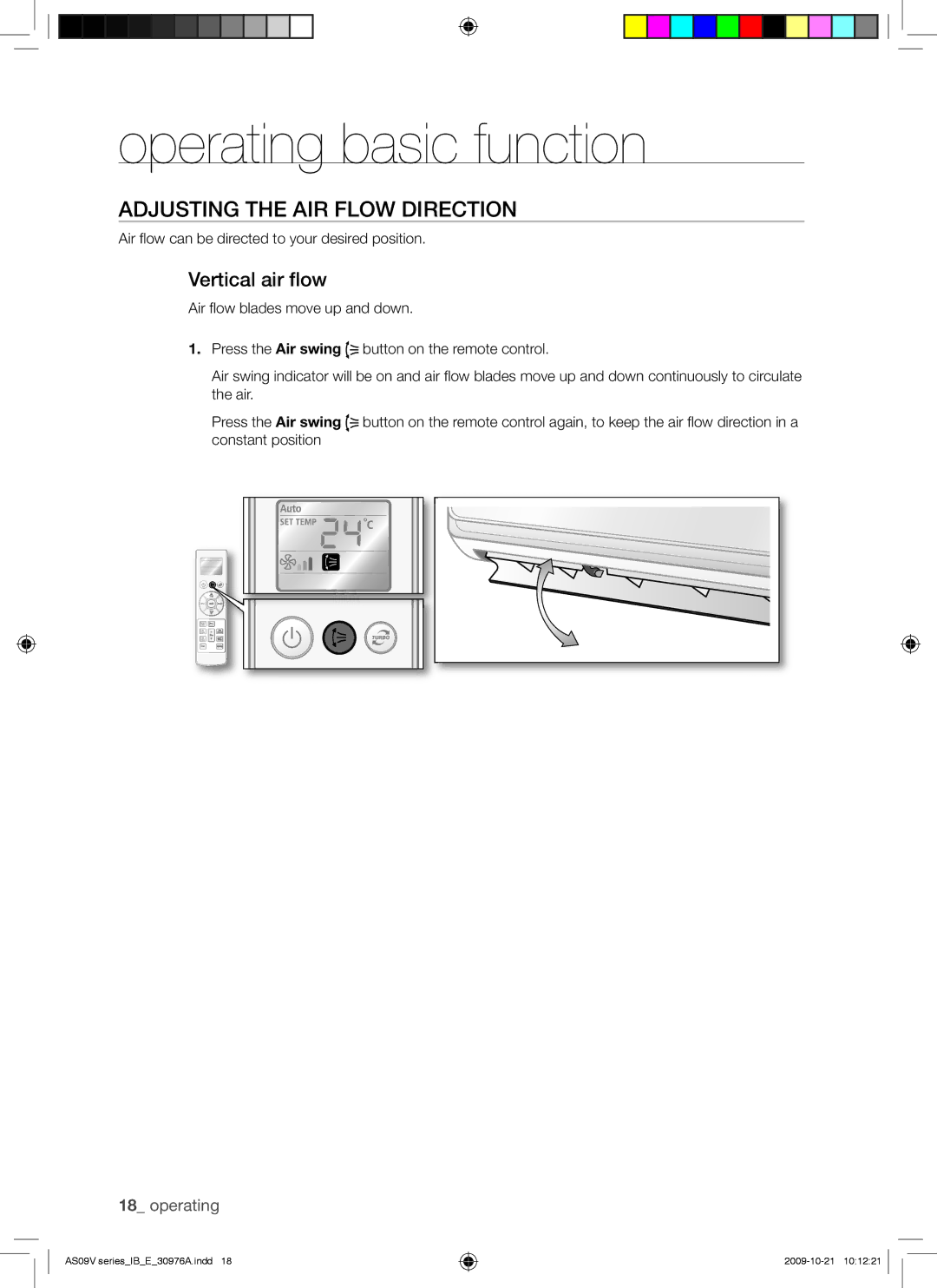 Samsung AS18VBEXMID, AS18VBEXXSG, AS18VBENXSG, AS18VBENMID, AS24VBEXXSG Adjusting the AIR Flow Direction, Vertical air flow 