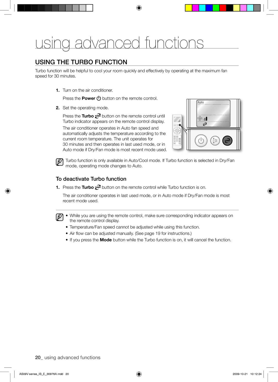 Samsung AS18VBENXSG, AS18VBEXMID manual Using advanced functions, Using the Turbo Function, To deactivate Turbo function 