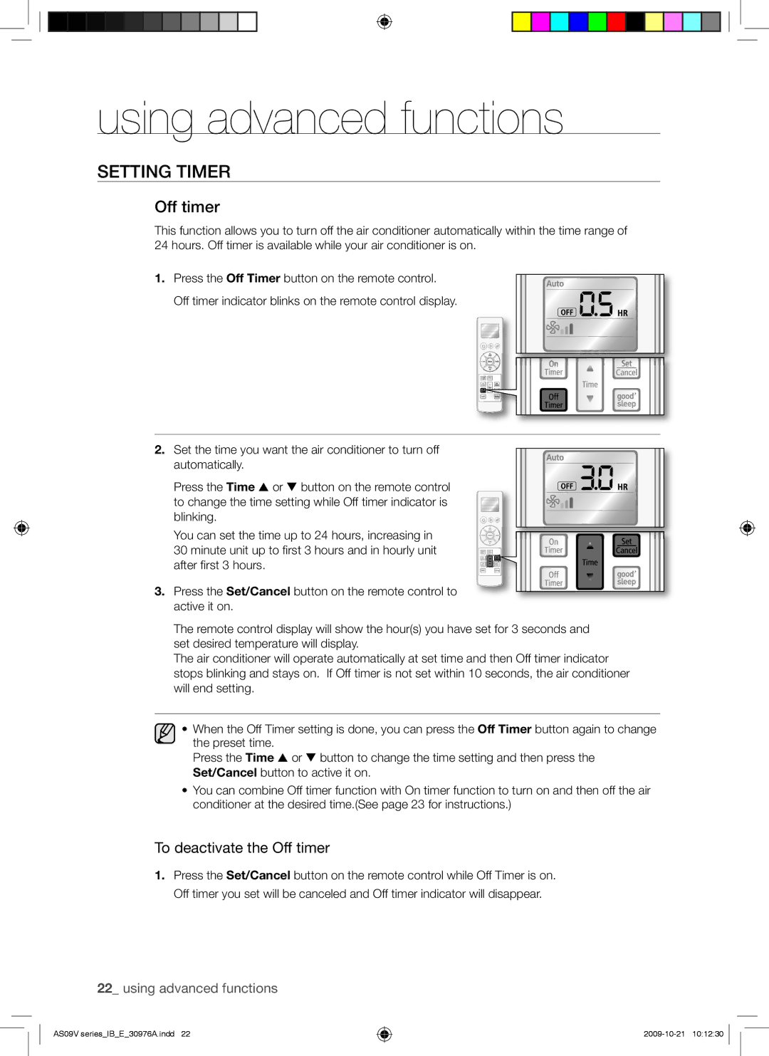 Samsung AS24VBEXXSG, AS18VBEXMID, AS18VBEXXSG, AS18VBENXSG, AS18VBENMID, AS24VBENXSG manual To deactivate the Off timer 