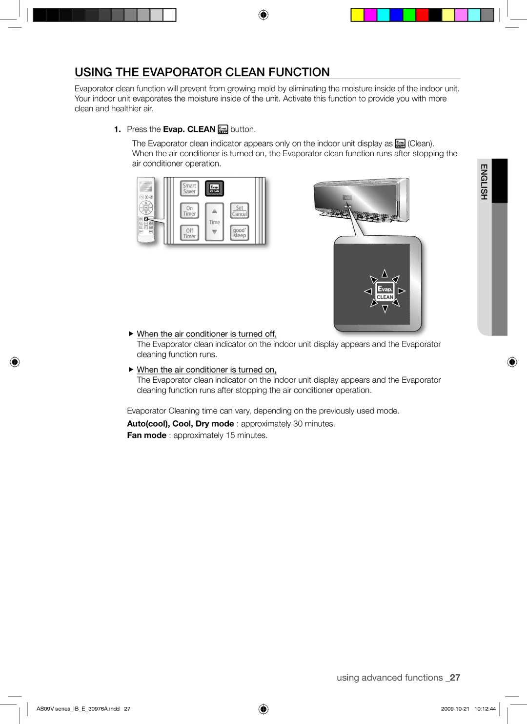 Samsung AS18VBEXMID, AS18VBEXXSG, AS18VBENXSG, AS18VBENMID, AS24VBEXXSG, AS24VBENXSG manual Using the Evaporator Clean Function 