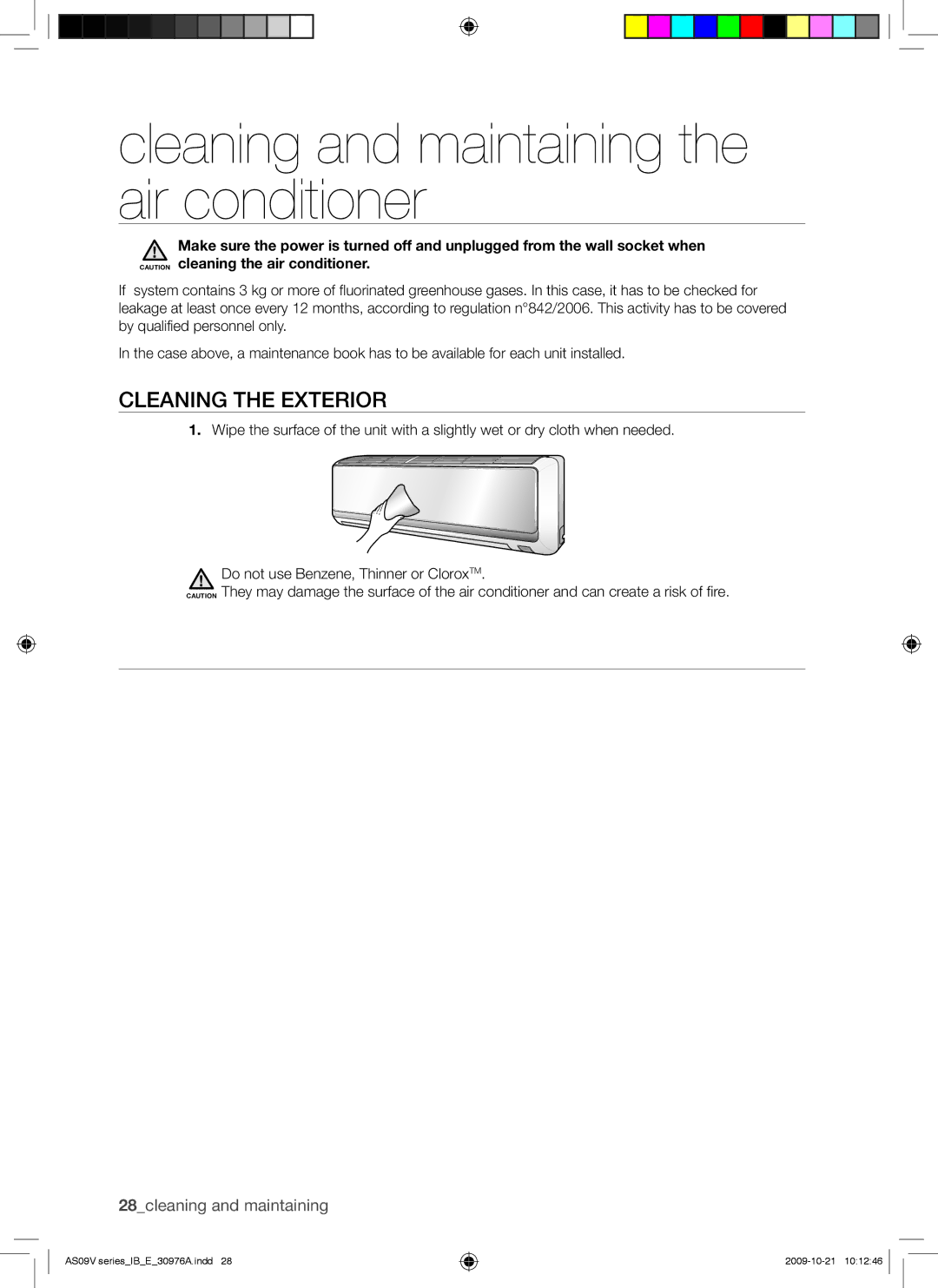 Samsung AS18VBEXXSG, AS18VBEXMID, AS18VBENXSG manual Cleaning and maintaining the air conditioner, Cleaning the Exterior 