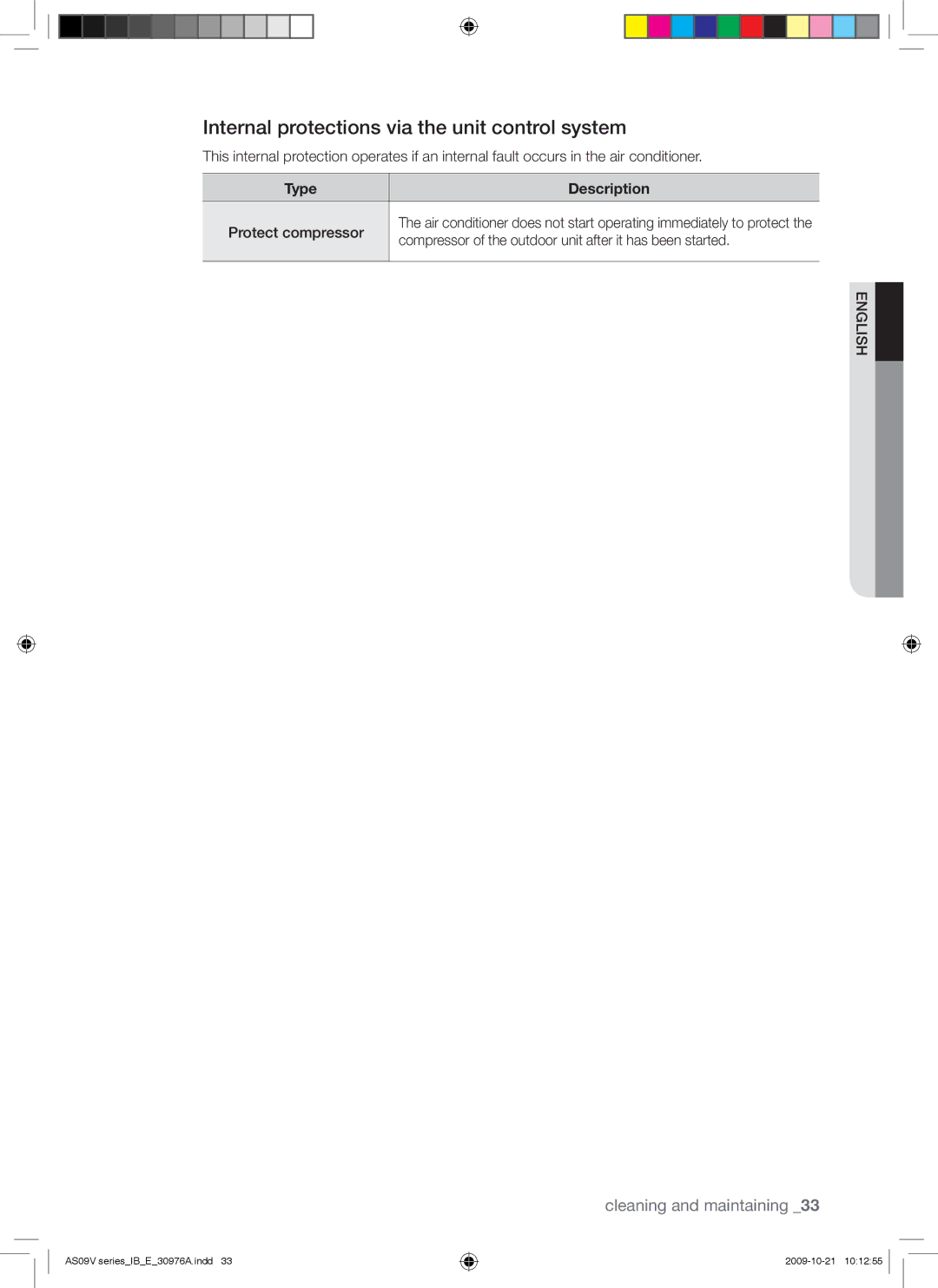 Samsung AS18VBFXUMG, AS18VBEXMID, AS18VBEXXSG, AS18VBENXSG, AS18VBENMID manual Internal protections via the unit control system 