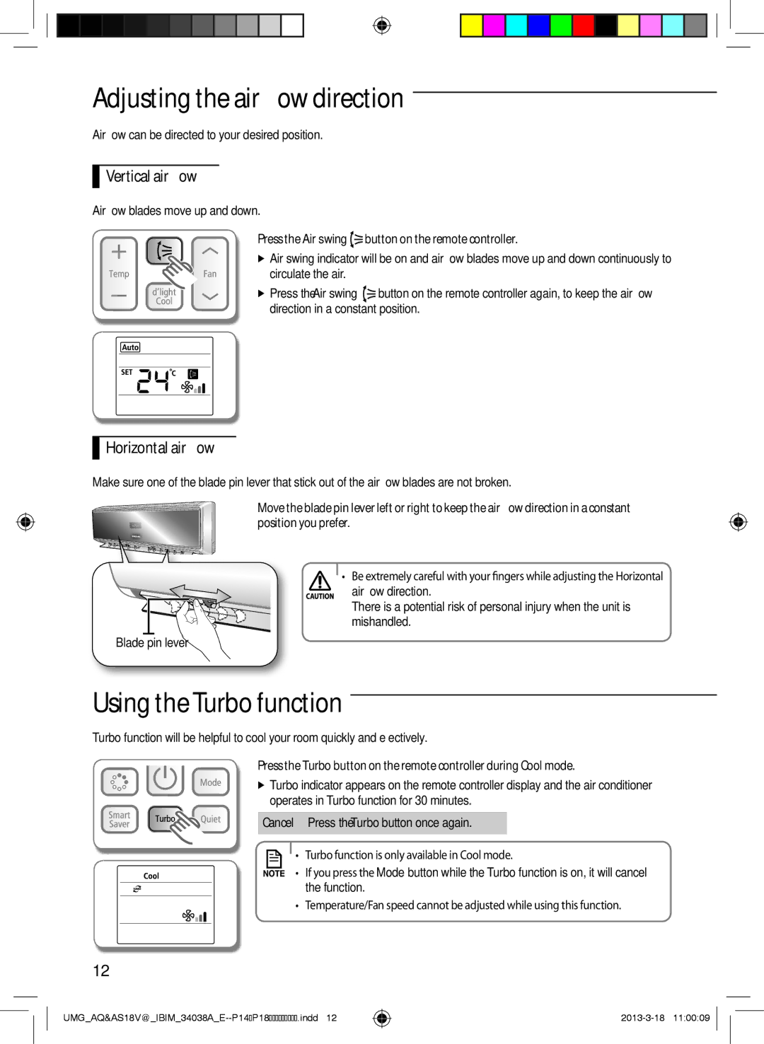 Samsung AS18VBFNUMG AdjusA ting the air flow direction, Using the Turbo function, Vertical air flow, Horizontal air flow 